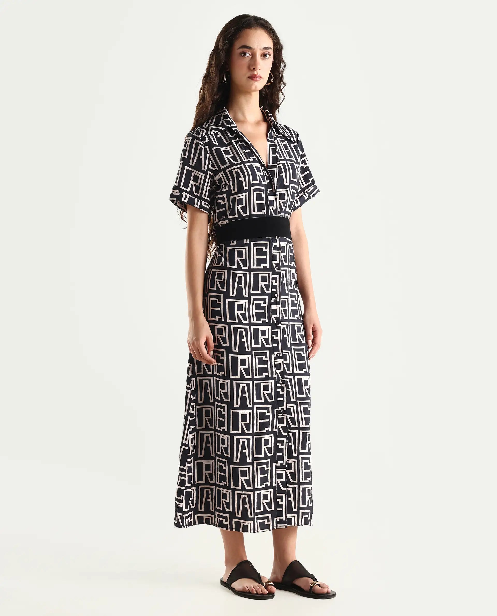 Rareism Women's Onia Black Nylon Blend Drop Collar Monogram Print Maxi Regular Fit Dress
