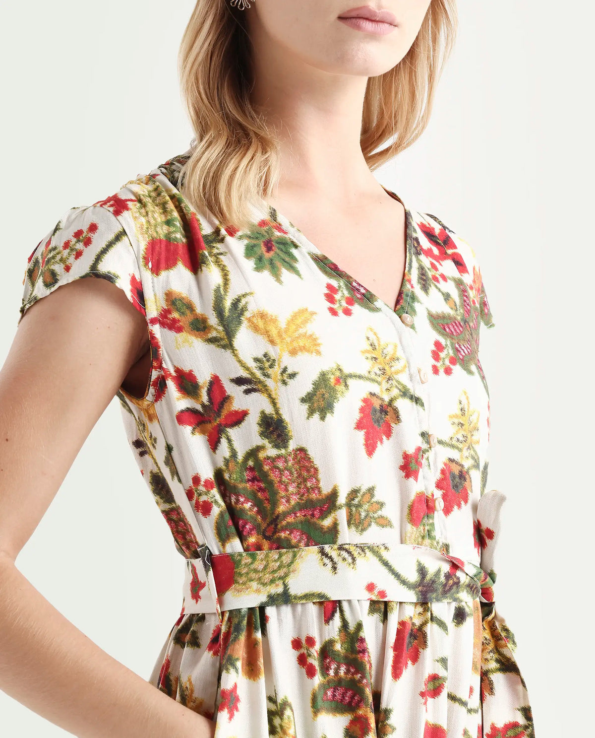 Rareism Women's Tosa Multi Viscose Blend V-Neck Floral Print Cap Sleeve Midi Fit And Flare Dress
