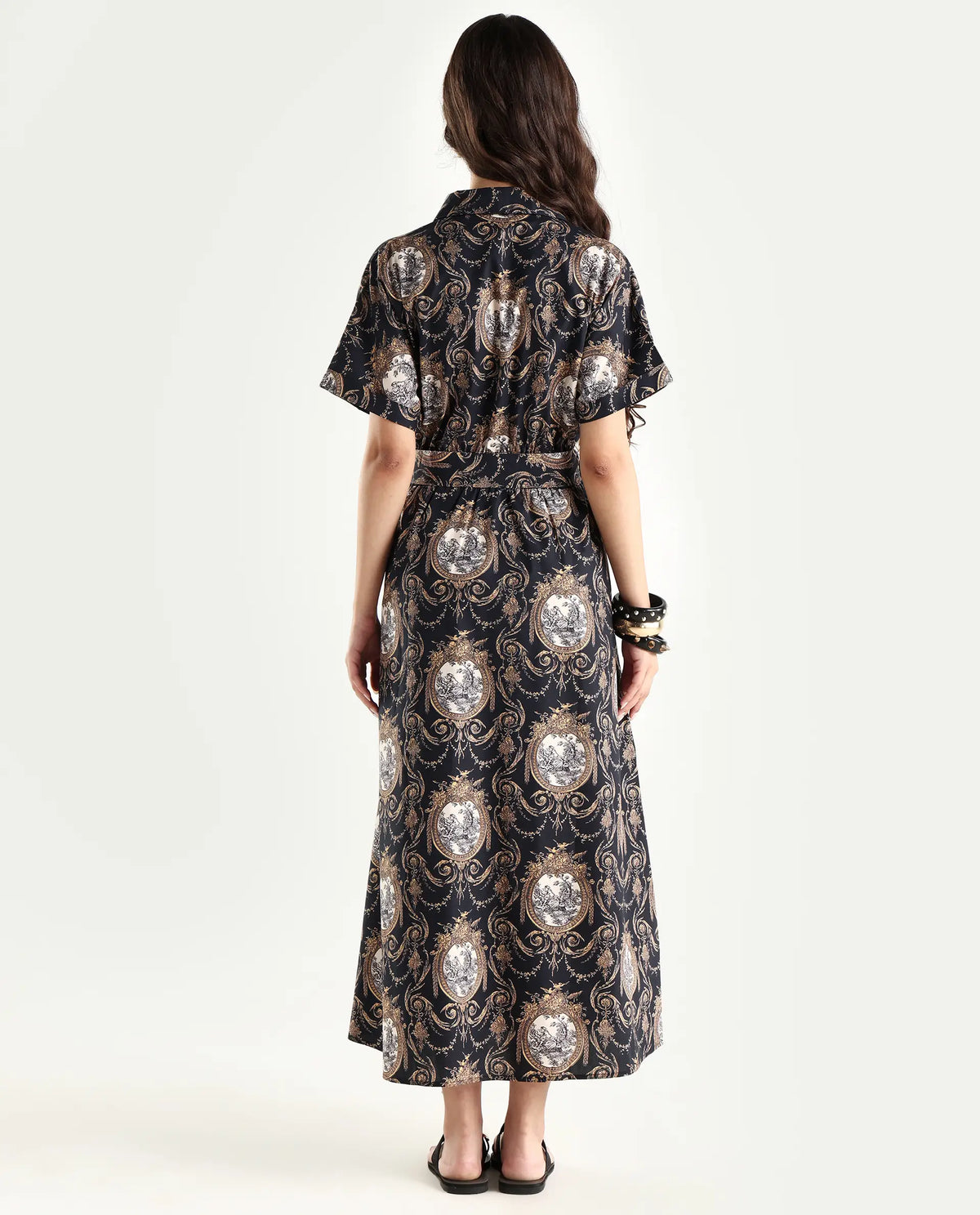 Rareism Women's Ivnat Black Cotton Drop Collar Ornamental Print Maxi Fit And Flare Dress