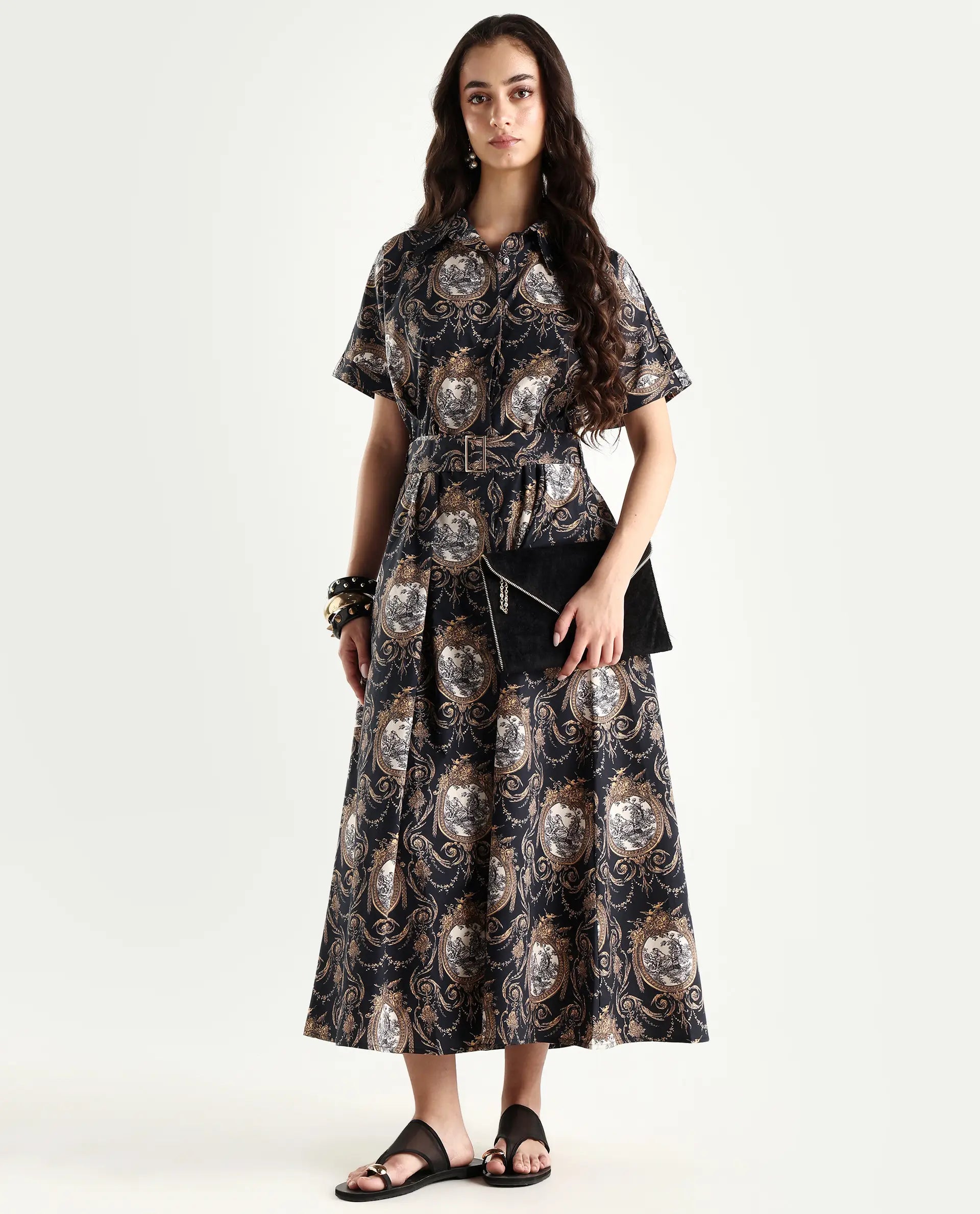 Rareism Women's Ivnat Black Cotton Drop Collar Ornamental Print Maxi Fit And Flare Dress
