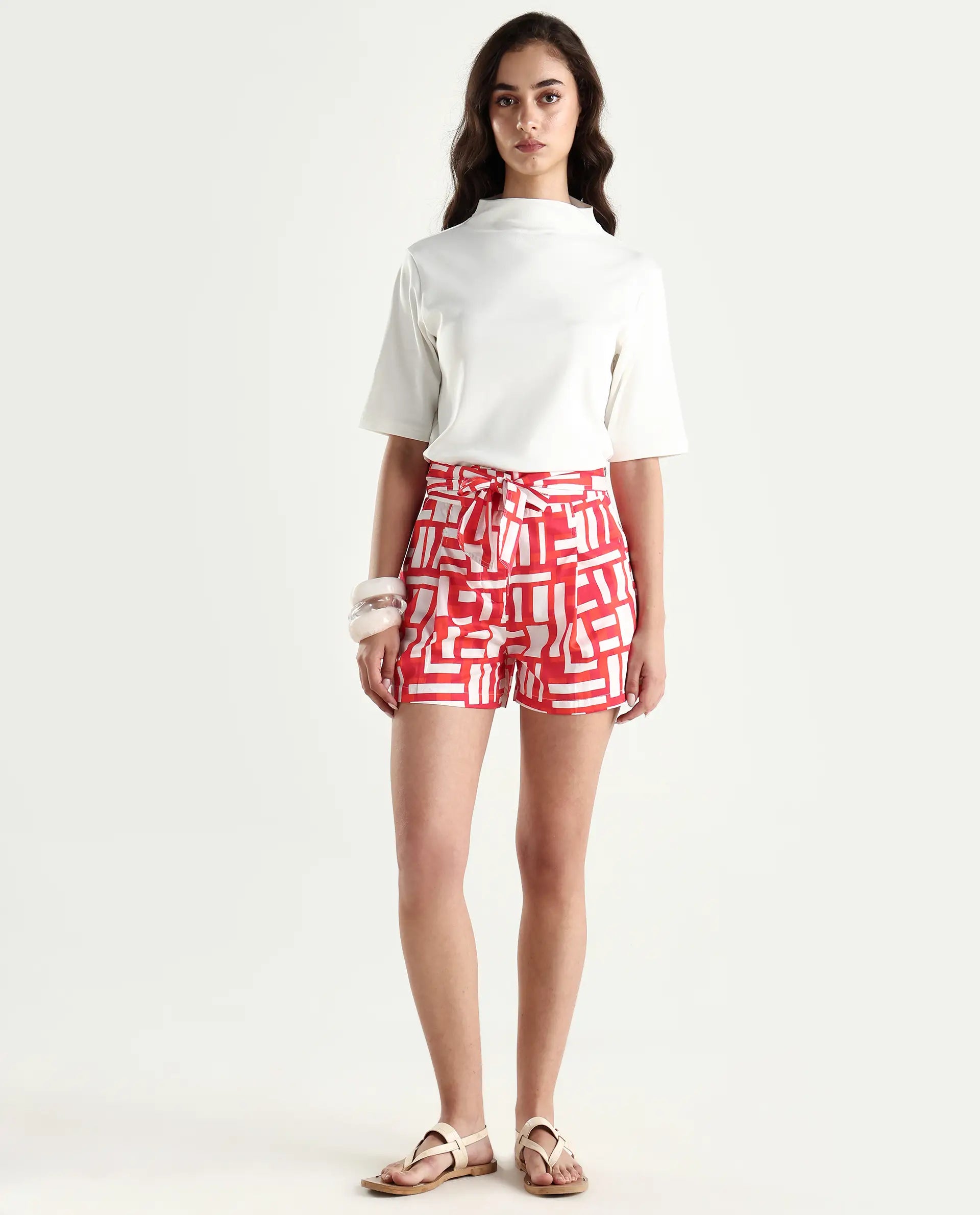 Rareism Women's Taranto Red Cotton Blend Geometric Print Mini Regular Fit Shorts