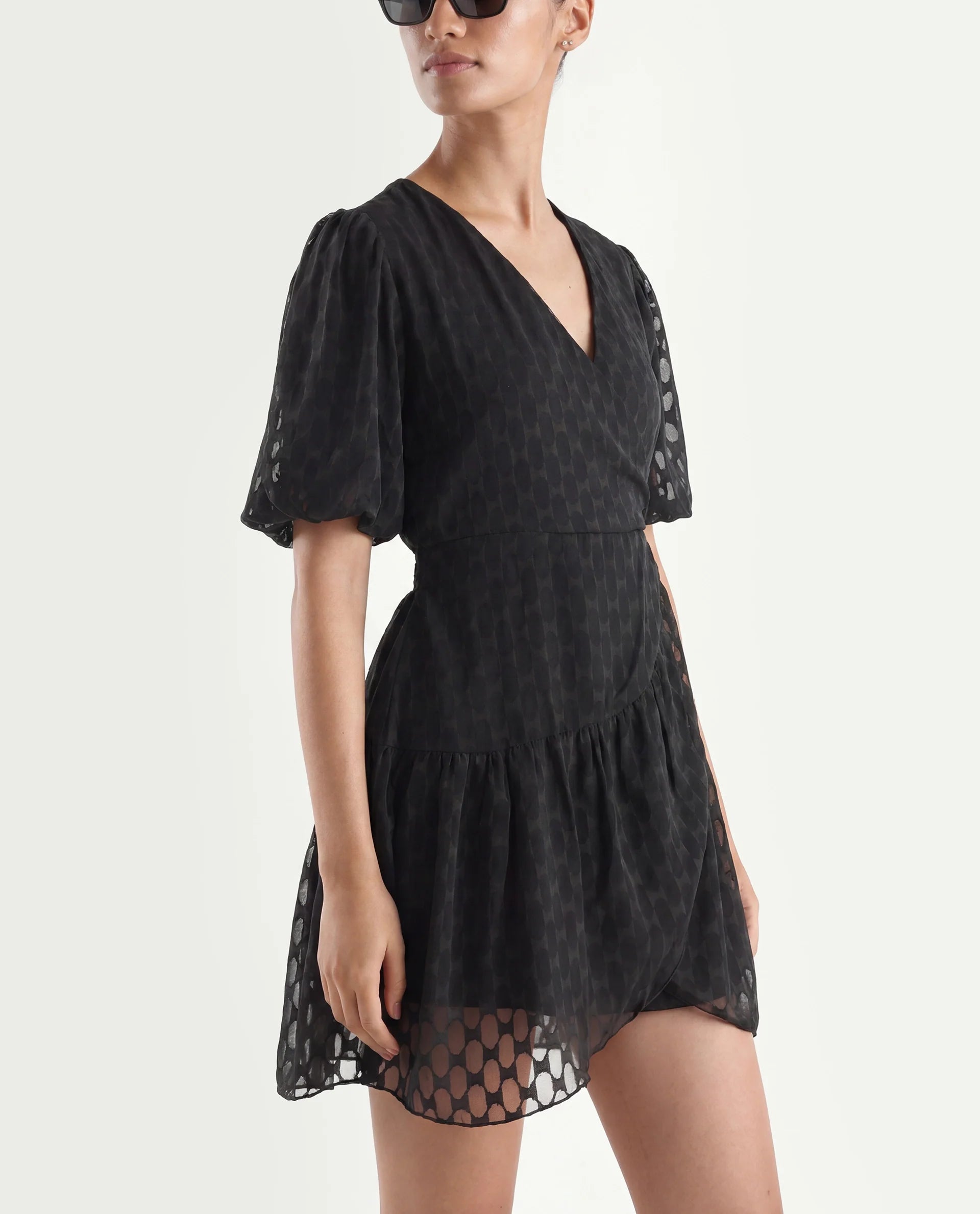 Rareism Women's Namika Black Polyester Blend V-Neck Plain Balloon Sleeve Mini Fit And Flare Dress