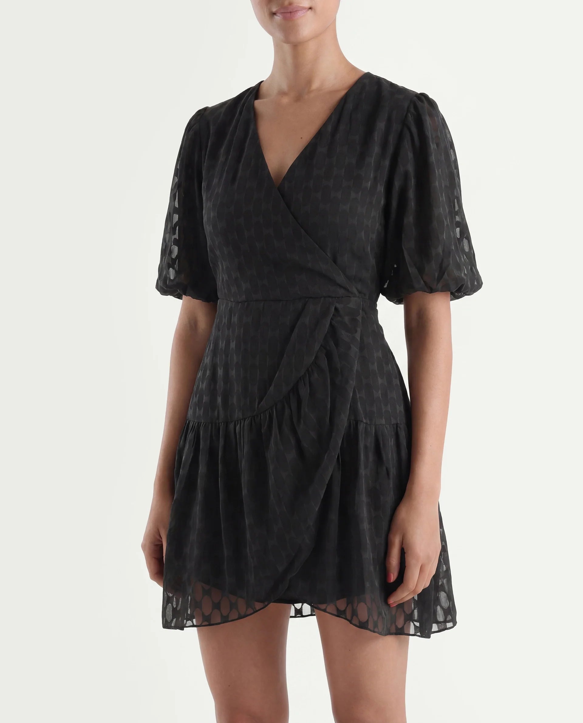 Rareism Women's Namika Black Polyester Blend V-Neck Plain Balloon Sleeve Mini Fit And Flare Dress