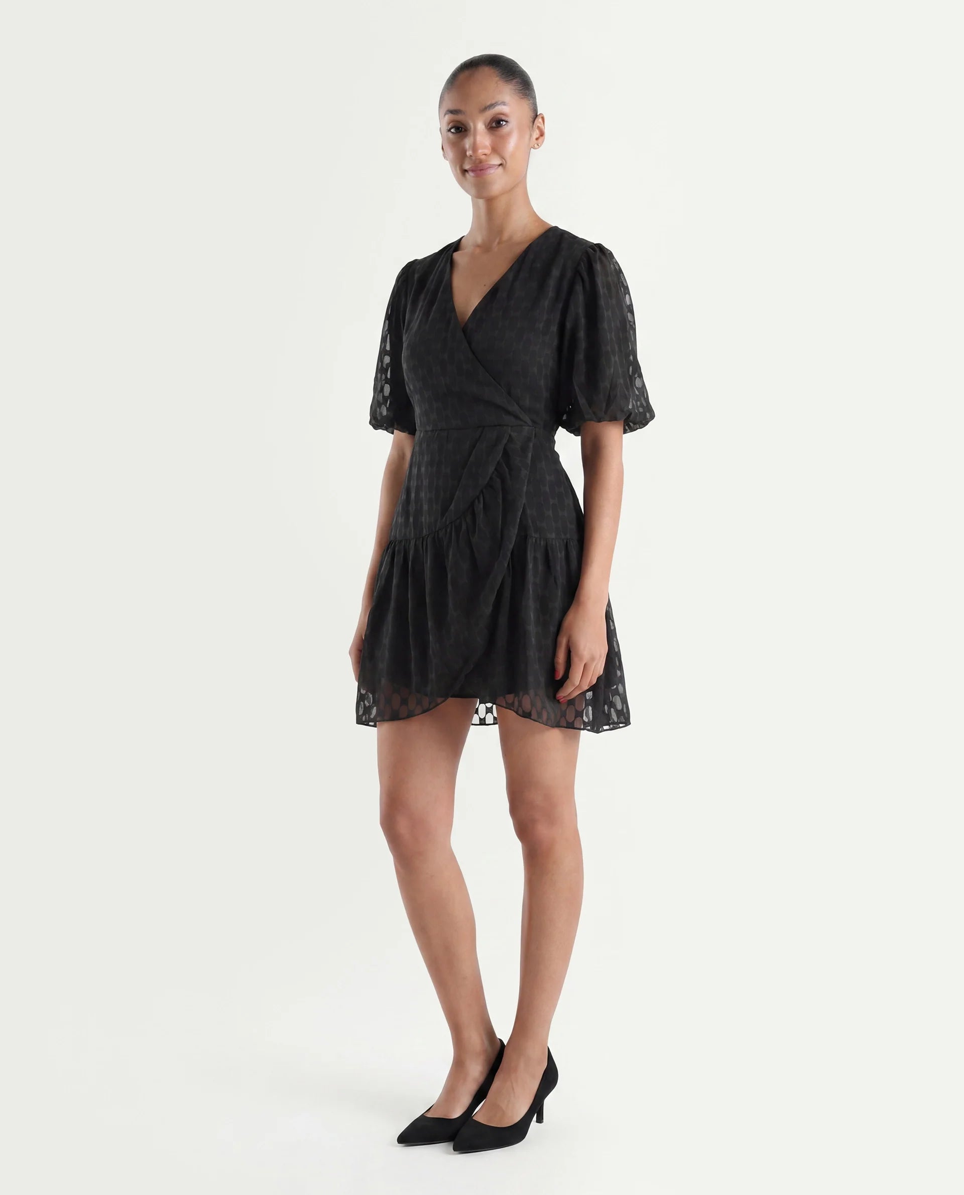 Rareism Women's Namika Black Polyester Blend V-Neck Plain Balloon Sleeve Mini Fit And Flare Dress