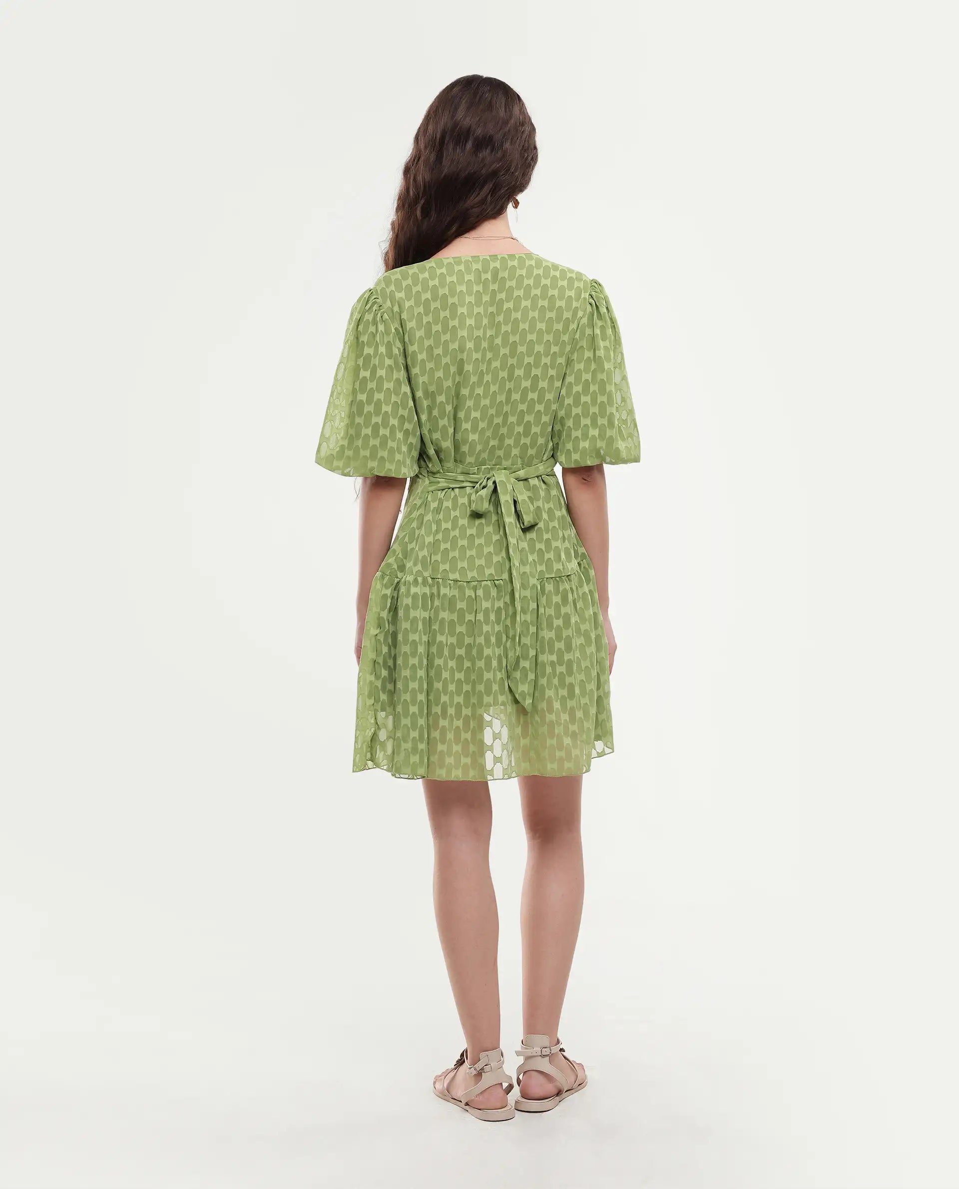 Rareism Women's Namika Light Green Polyester Blend V-Neck Plain Balloon Sleeve Mini Fit And Flare Dress