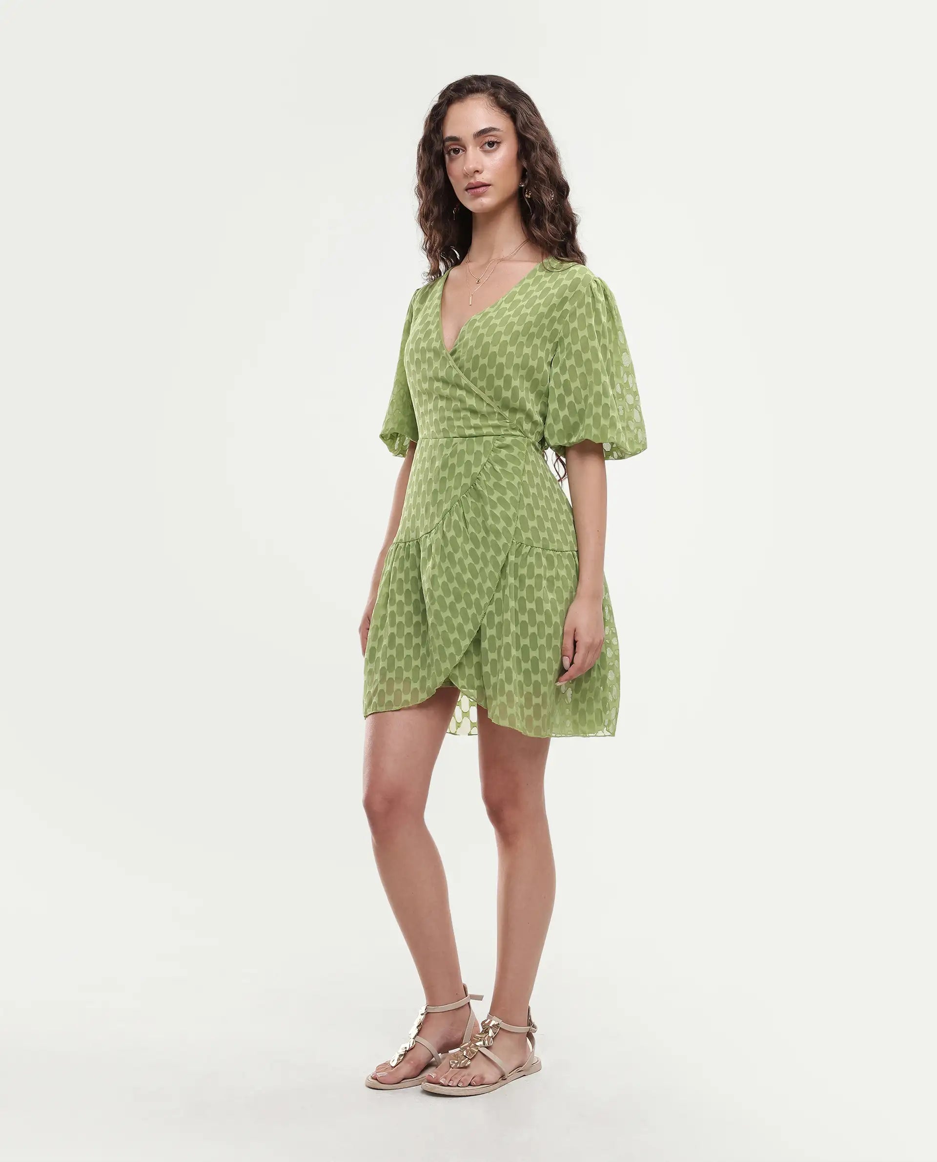 Rareism Women's Namika Light Green Polyester Blend V-Neck Plain Balloon Sleeve Mini Fit And Flare Dress