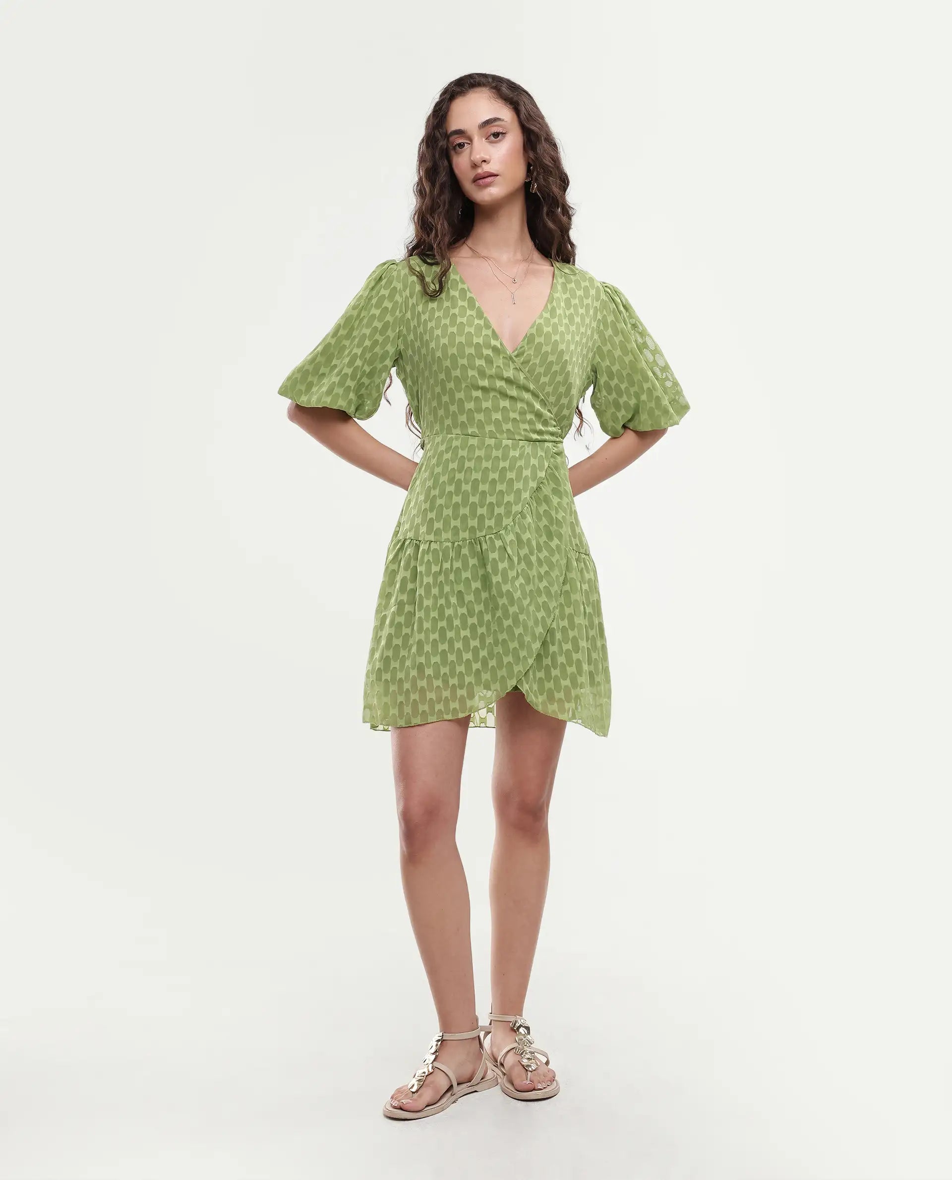 Rareism Women's Namika Light Green Polyester Blend V-Neck Plain Balloon Sleeve Mini Fit And Flare Dress