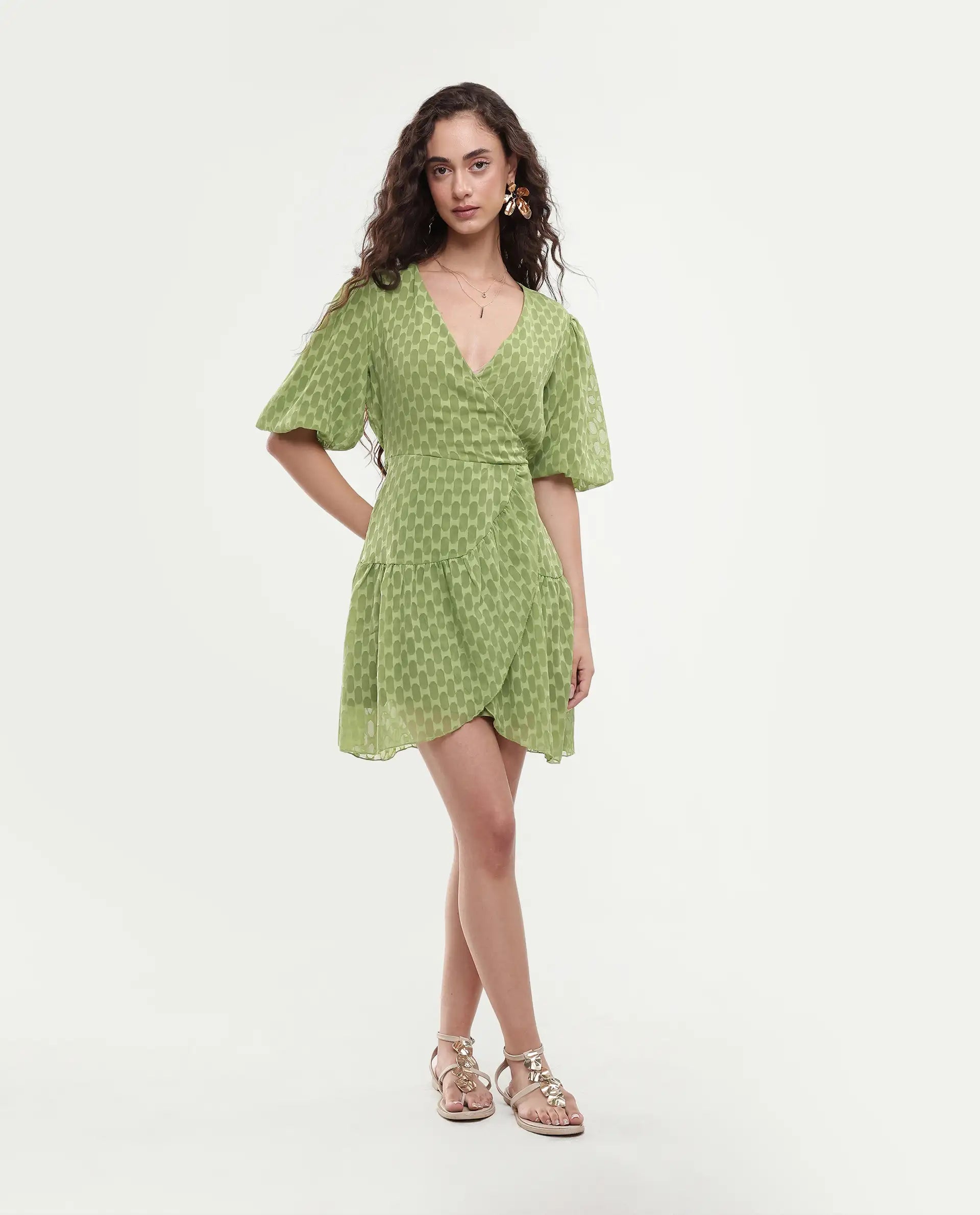 Rareism Women's Namika Light Green Polyester Blend V-Neck Plain Balloon Sleeve Mini Fit And Flare Dress