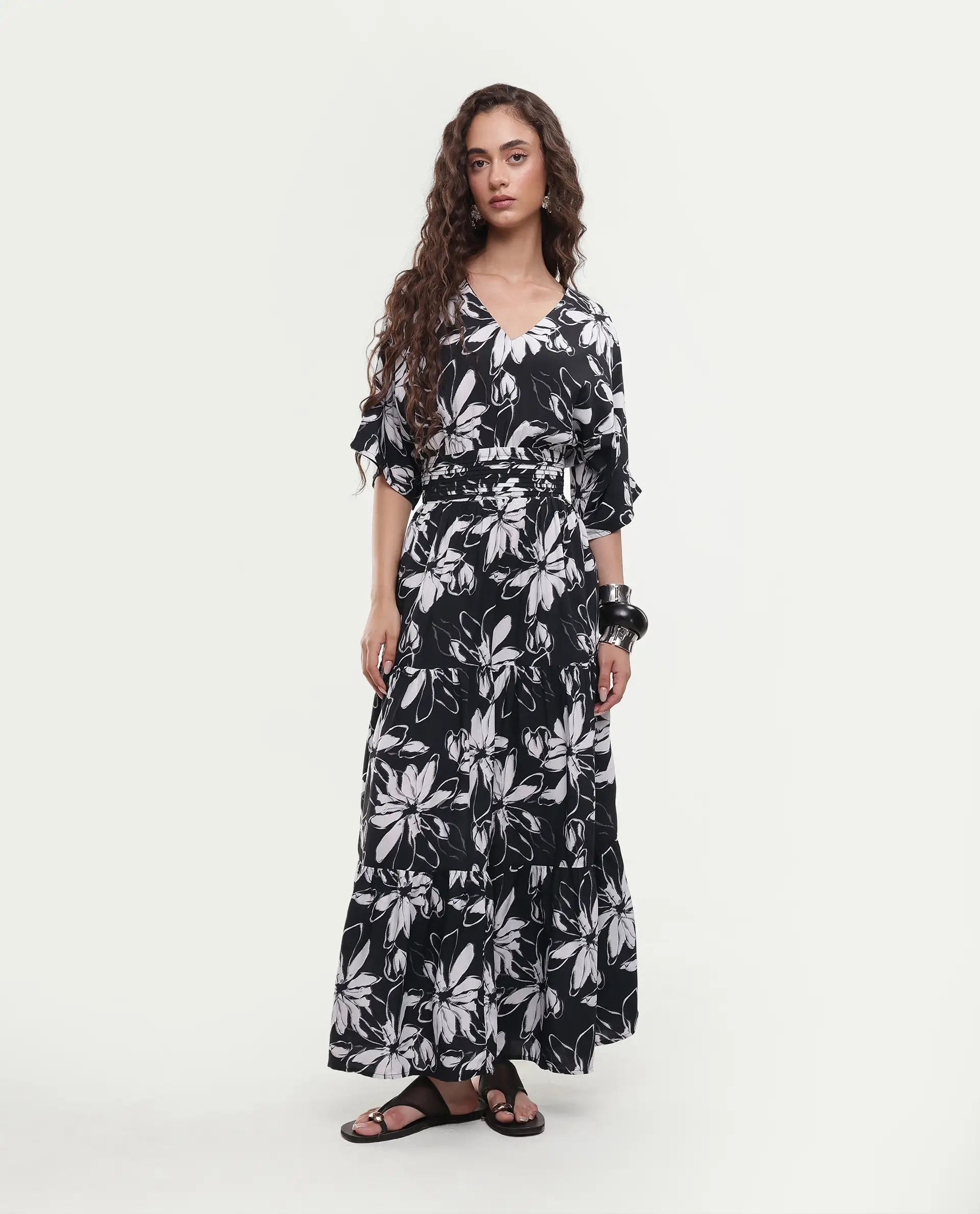 Rareism Women's Tuzio Black Viscose V-Neck Floral Print Extended Sleeves Maxi Fit And Flare Dress