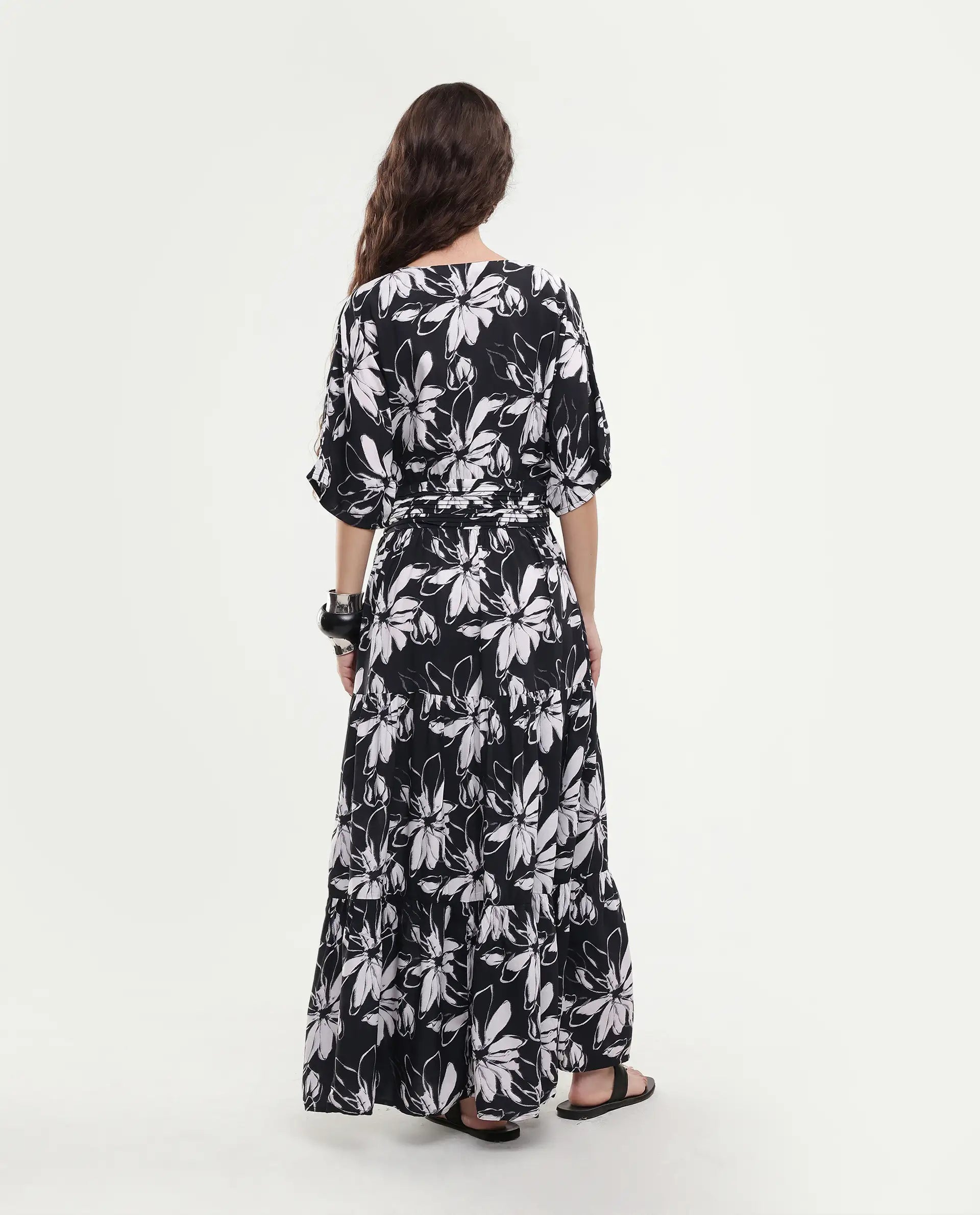 Rareism Women's Tuzio Black Viscose V-Neck Floral Print Extended Sleeves Maxi Fit And Flare Dress