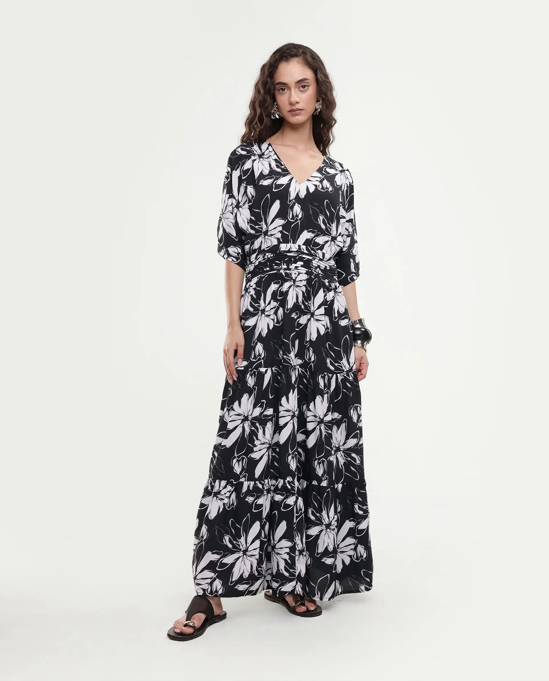 Rareism Women's Tuzio Black Viscose V-Neck Floral Print Extended Sleeves Maxi Fit And Flare Dress