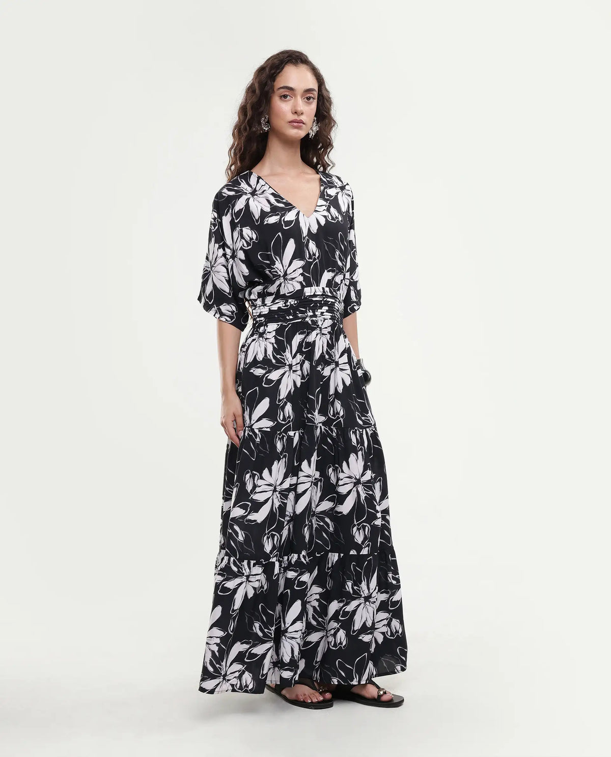 Rareism Women's Tuzio Black Viscose V-Neck Floral Print Extended Sleeves Maxi Fit And Flare Dress