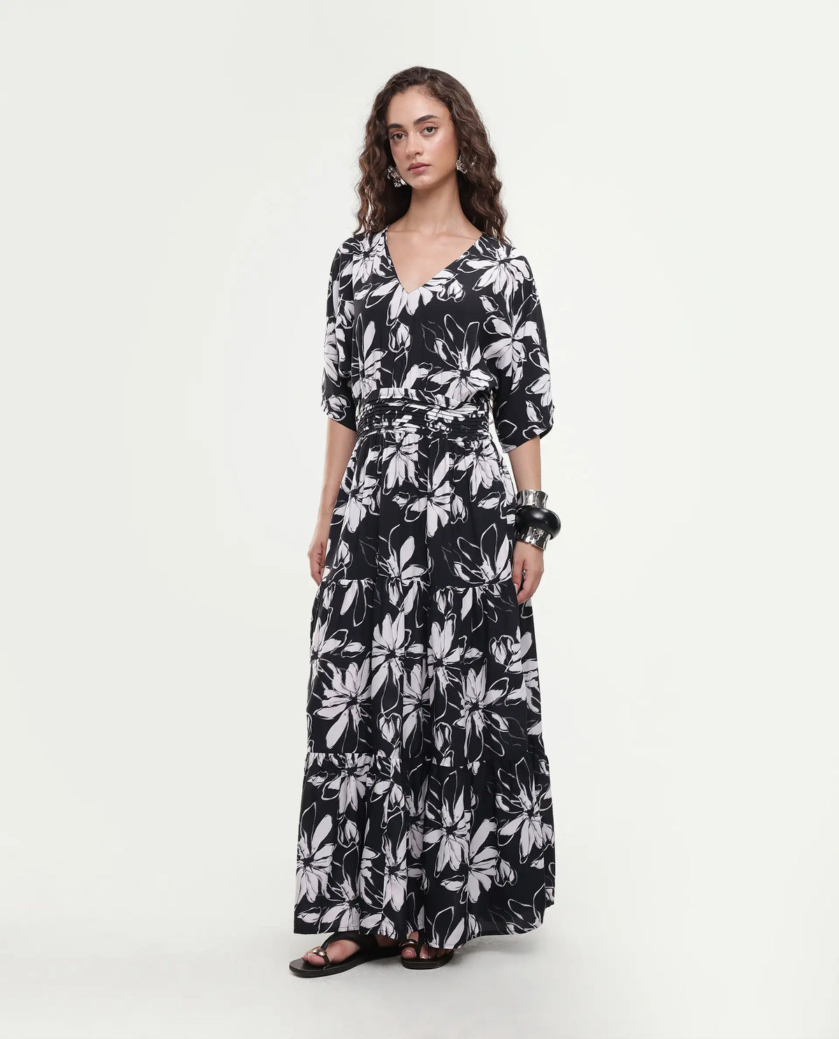Rareism Women's Tuzio Black Viscose V-Neck Floral Print Extended Sleeves Maxi Fit And Flare Dress