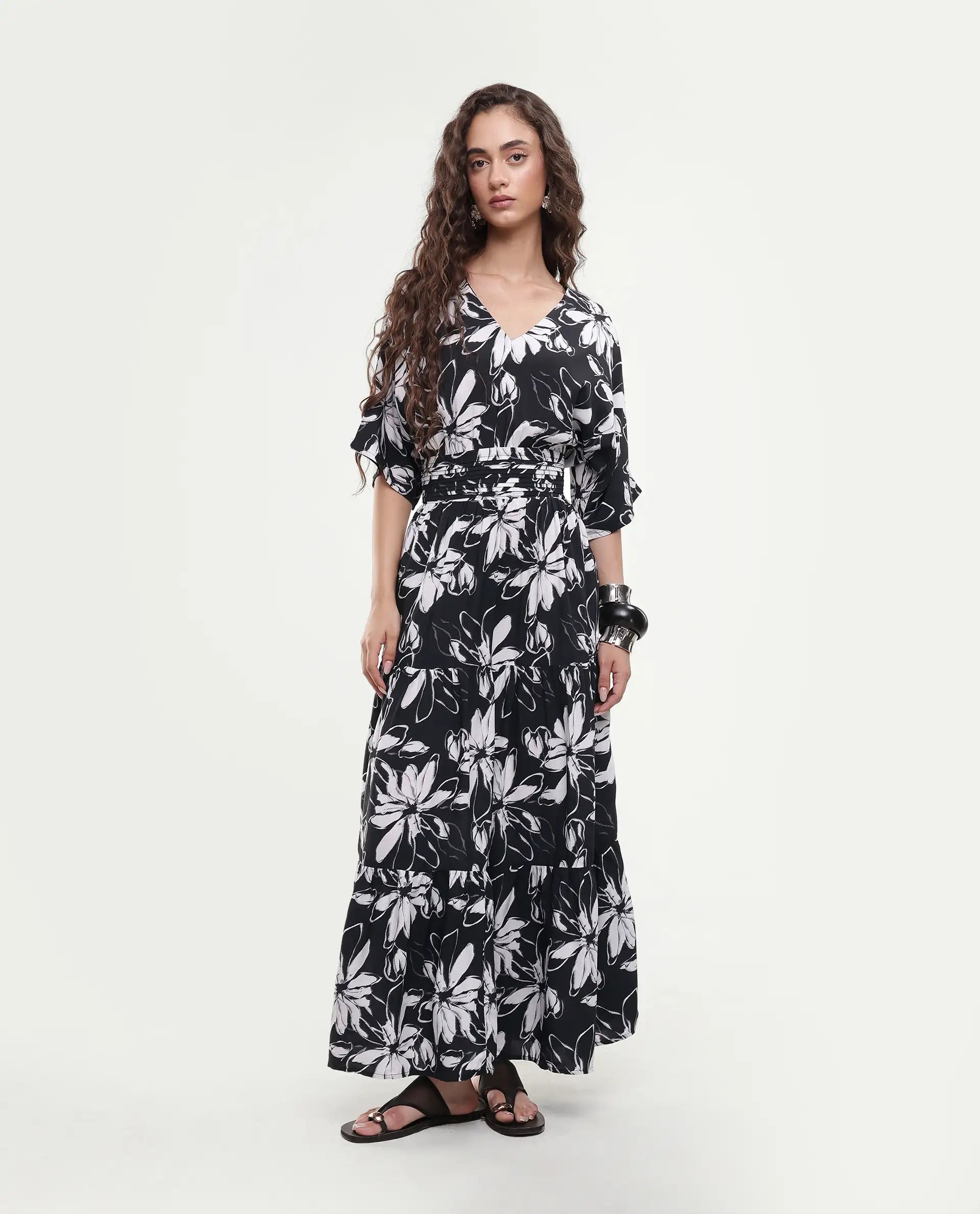 Rareism Women's Tuzio Black Viscose V-Neck Floral Print Extended Sleeves Maxi Fit And Flare Dress