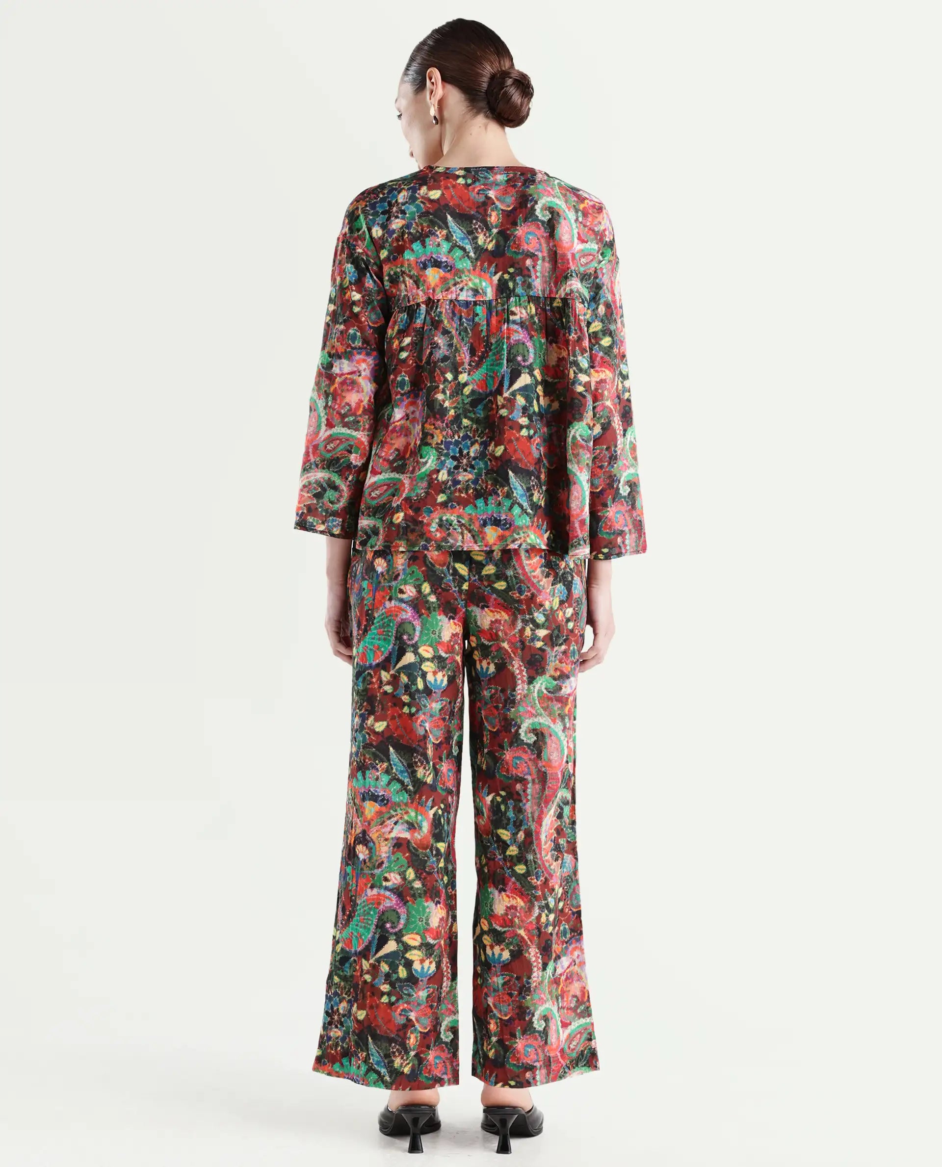 Rareism Women's Rinatao-B Dark Multi Cotton Blend Paisley Print Ankle Length Straight Fit Trouser