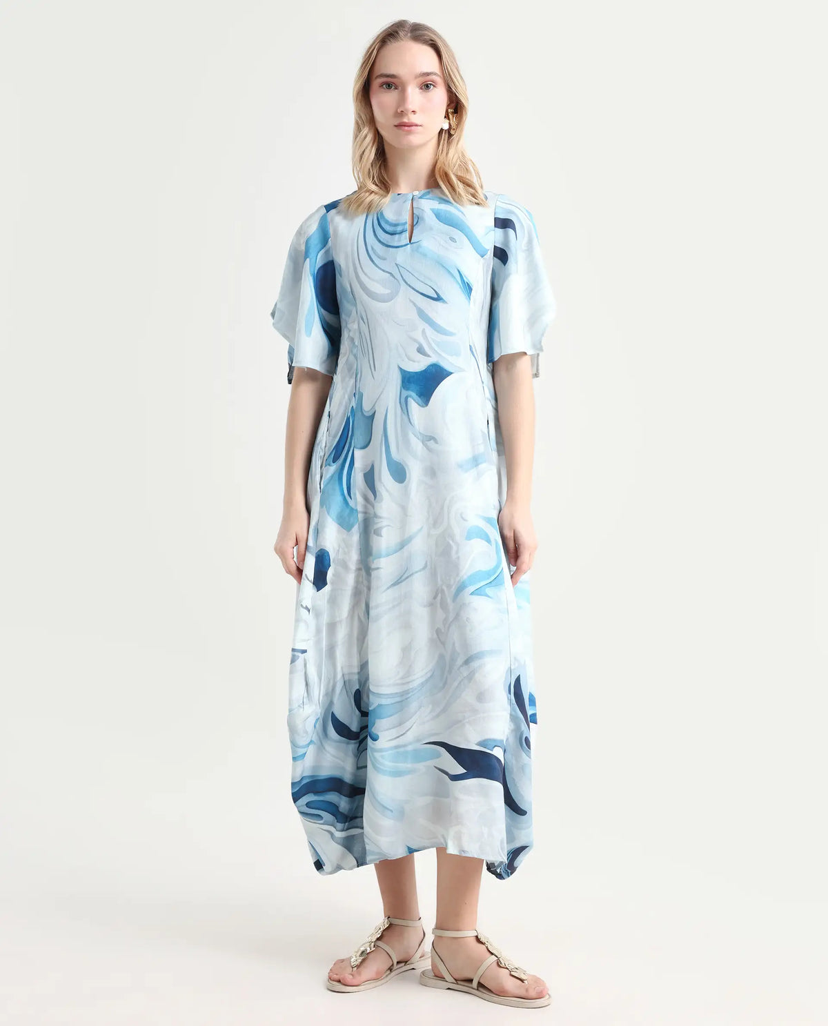 Rareism Women's Pesto Light Blue Viscose Blend V-Neck Abstract Print Midi Balloon Dress