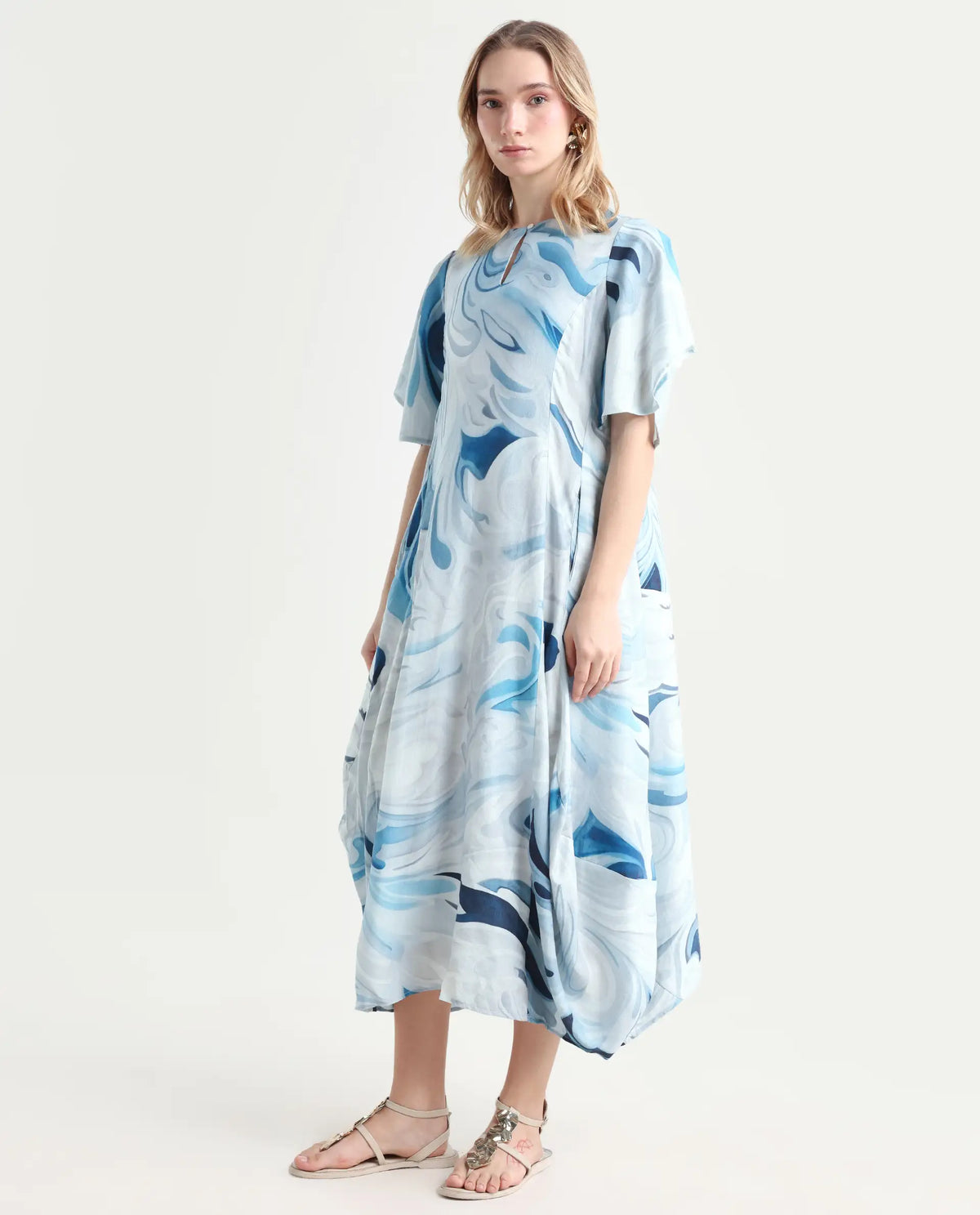 Rareism Women's Pesto Light Blue Viscose Blend V-Neck Abstract Print Midi Balloon Dress