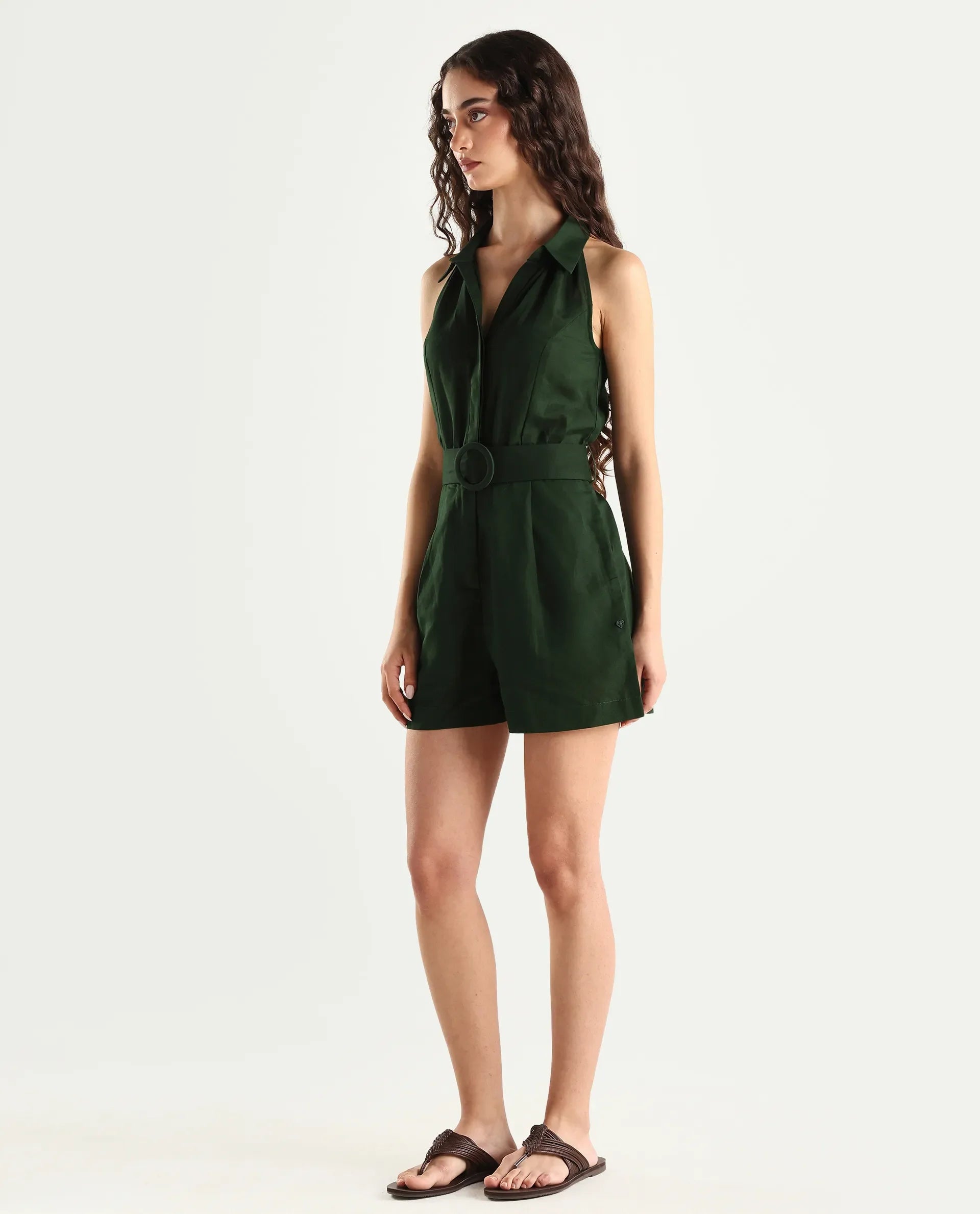 Rareism Women's Messina Light Green Cotton Blend Halter Neck Plain Sleeveless Mini Regular Fit Dress