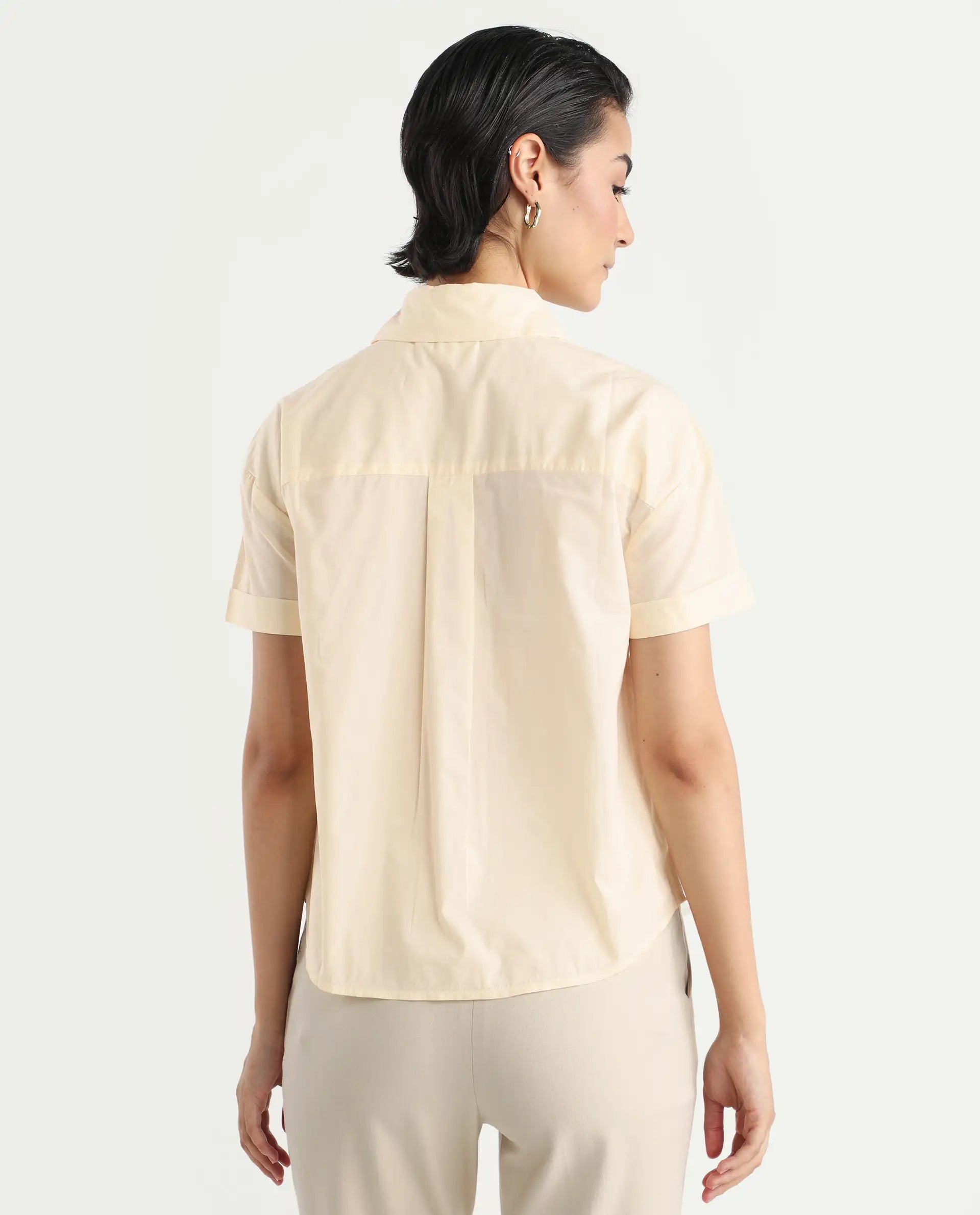 Rareism Women's Mium Beige Cotton Drop Collar Geometric Print Regular Fit Shirt