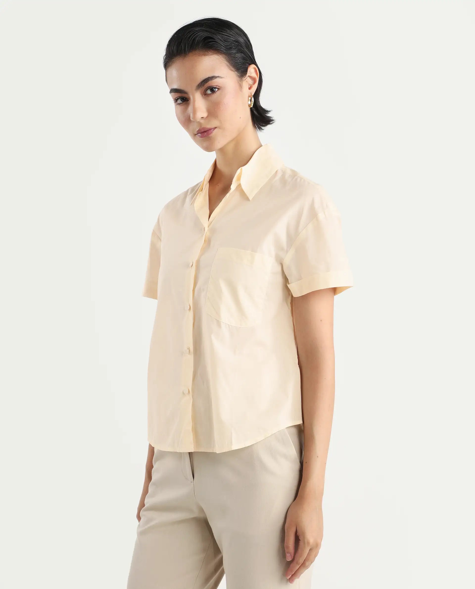 Rareism Women's Mium Beige Cotton Drop Collar Geometric Print Regular Fit Shirt