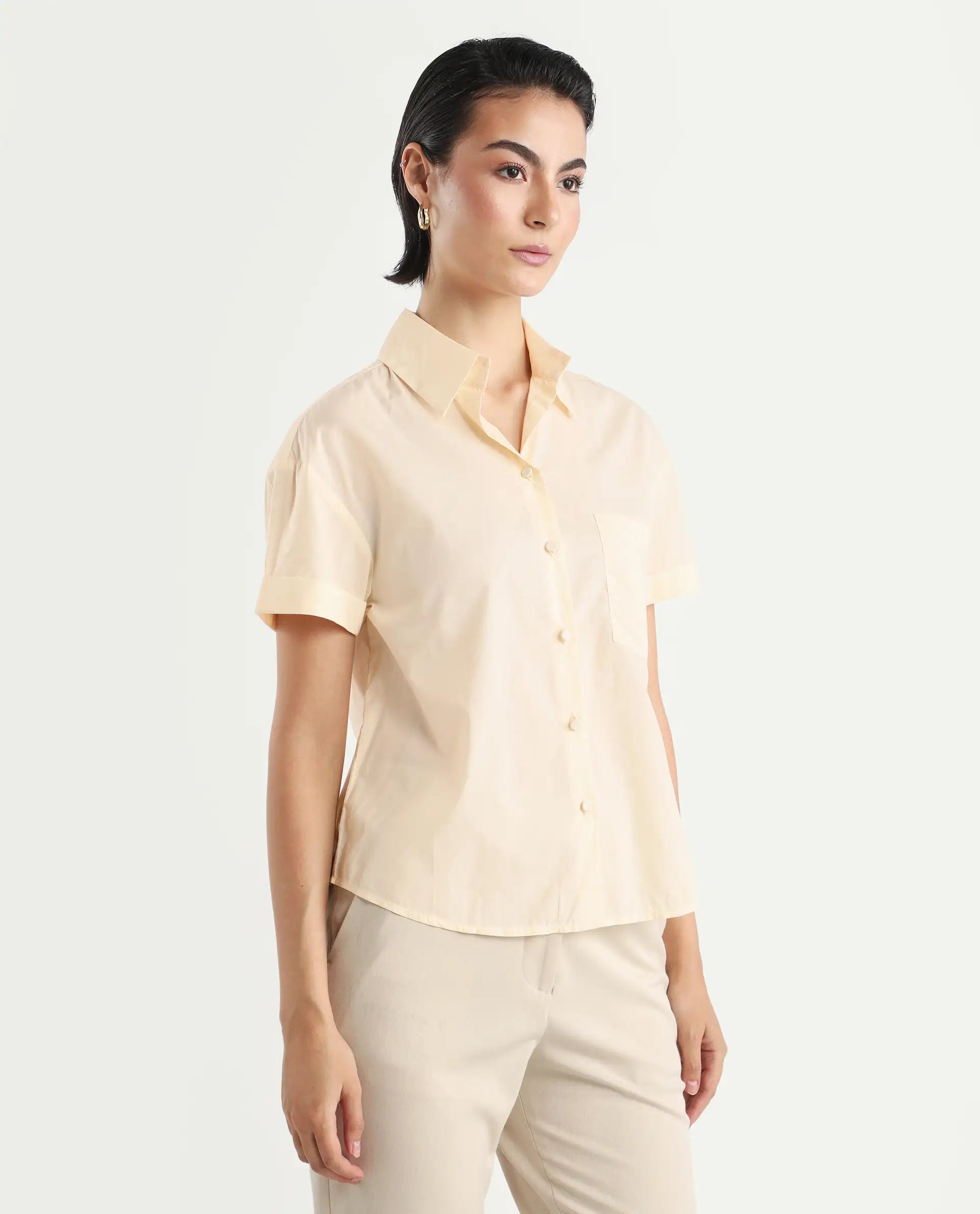 Rareism Women's Mium Beige Cotton Drop Collar Geometric Print Regular Fit Shirt