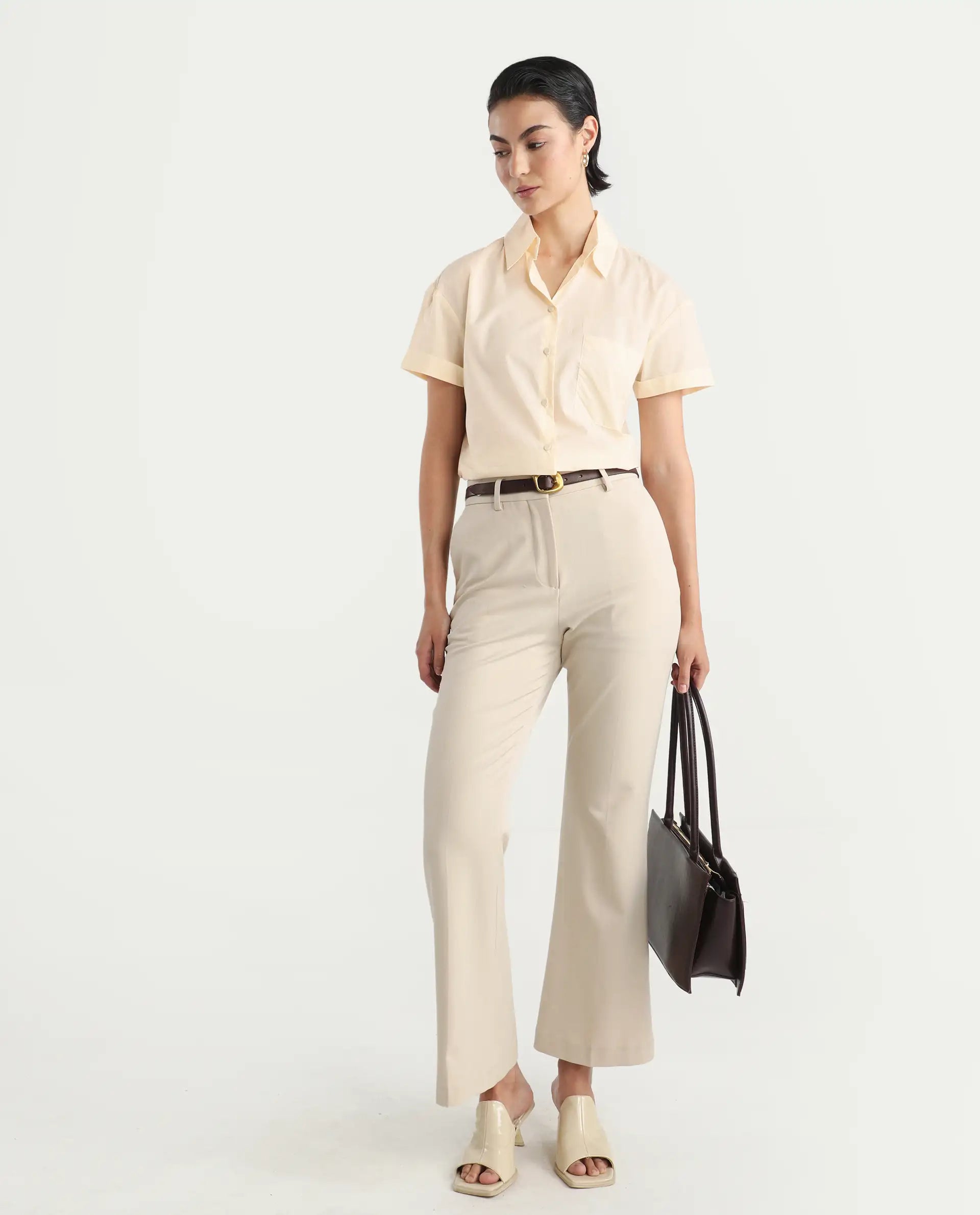 Rareism Women's Mium Beige Cotton Drop Collar Geometric Print Regular Fit Shirt