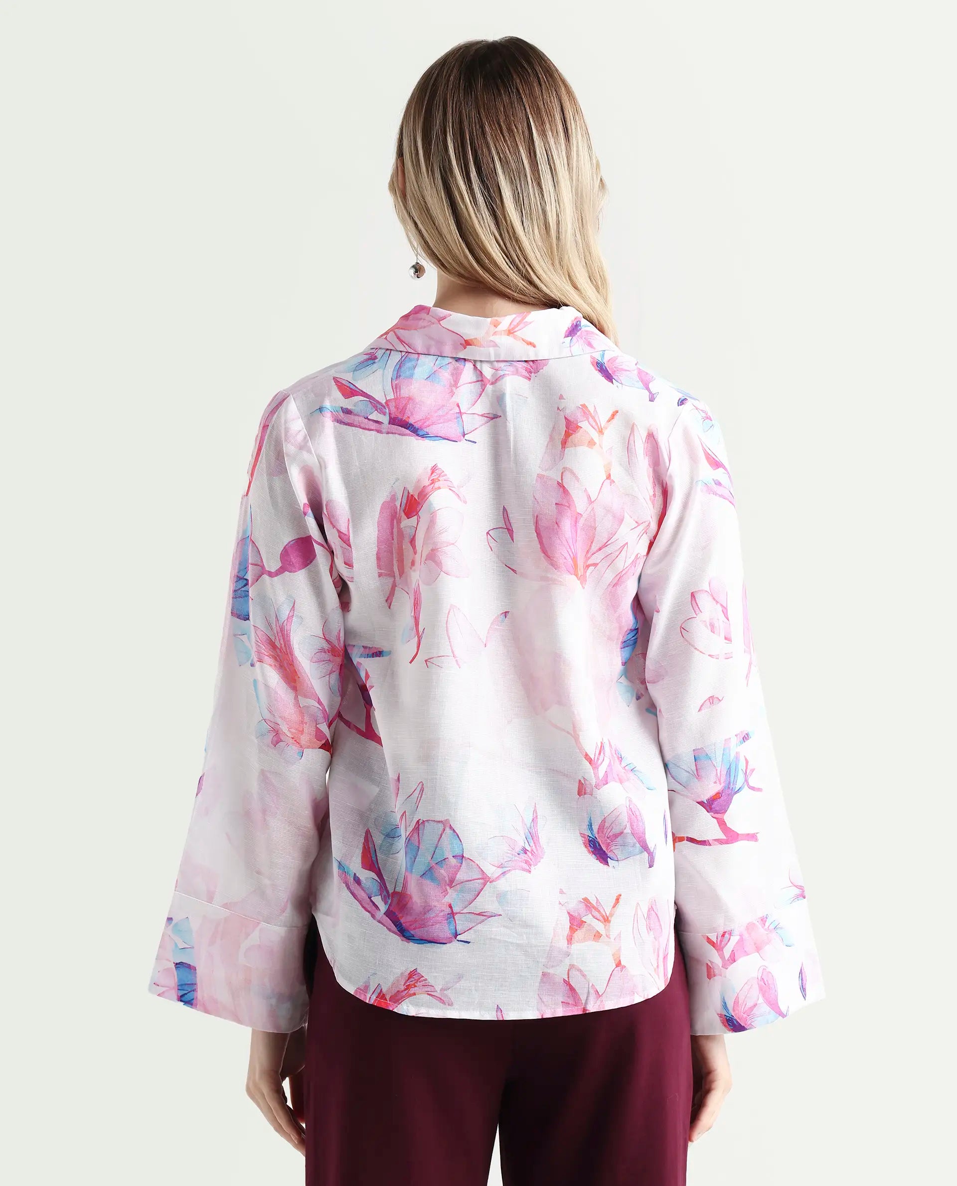Rareism Women's Rofianie Light Multi Cotton Blend Drop Collar Abstract Print Bell Sleeve Regular Fit Top