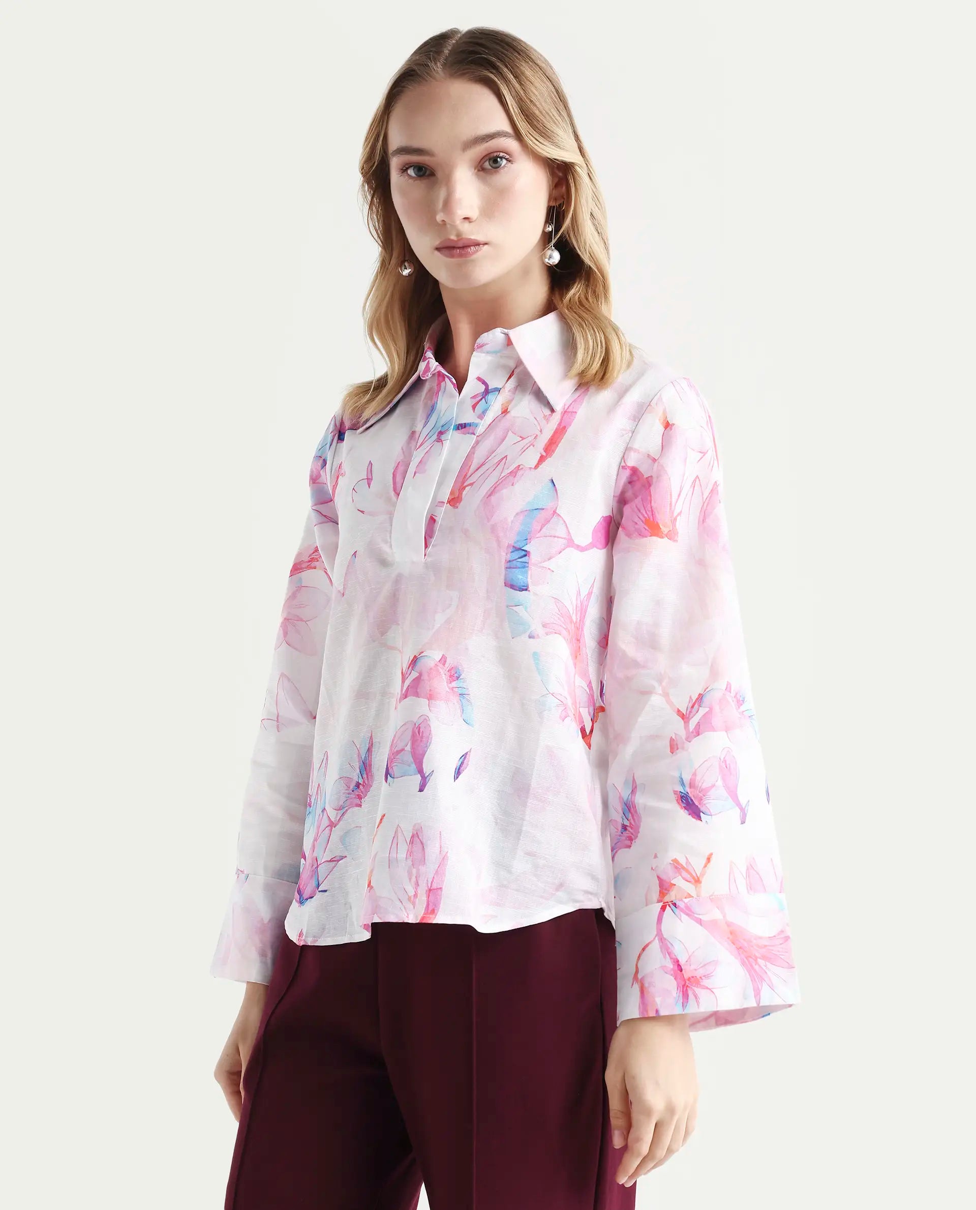 Rareism Women's Rofianie Light Multi Cotton Blend Drop Collar Abstract Print Bell Sleeve Regular Fit Top