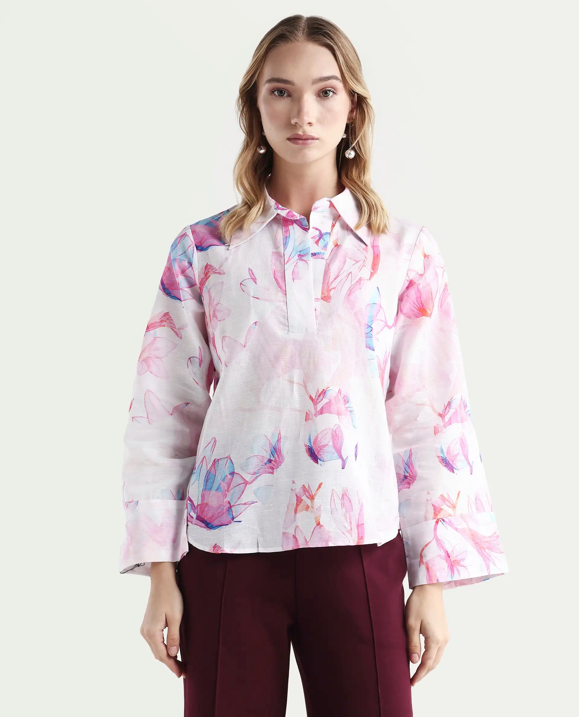 Rareism Women's Rofianie Light Multi Cotton Blend Drop Collar Abstract Print Bell Sleeve Regular Fit Top