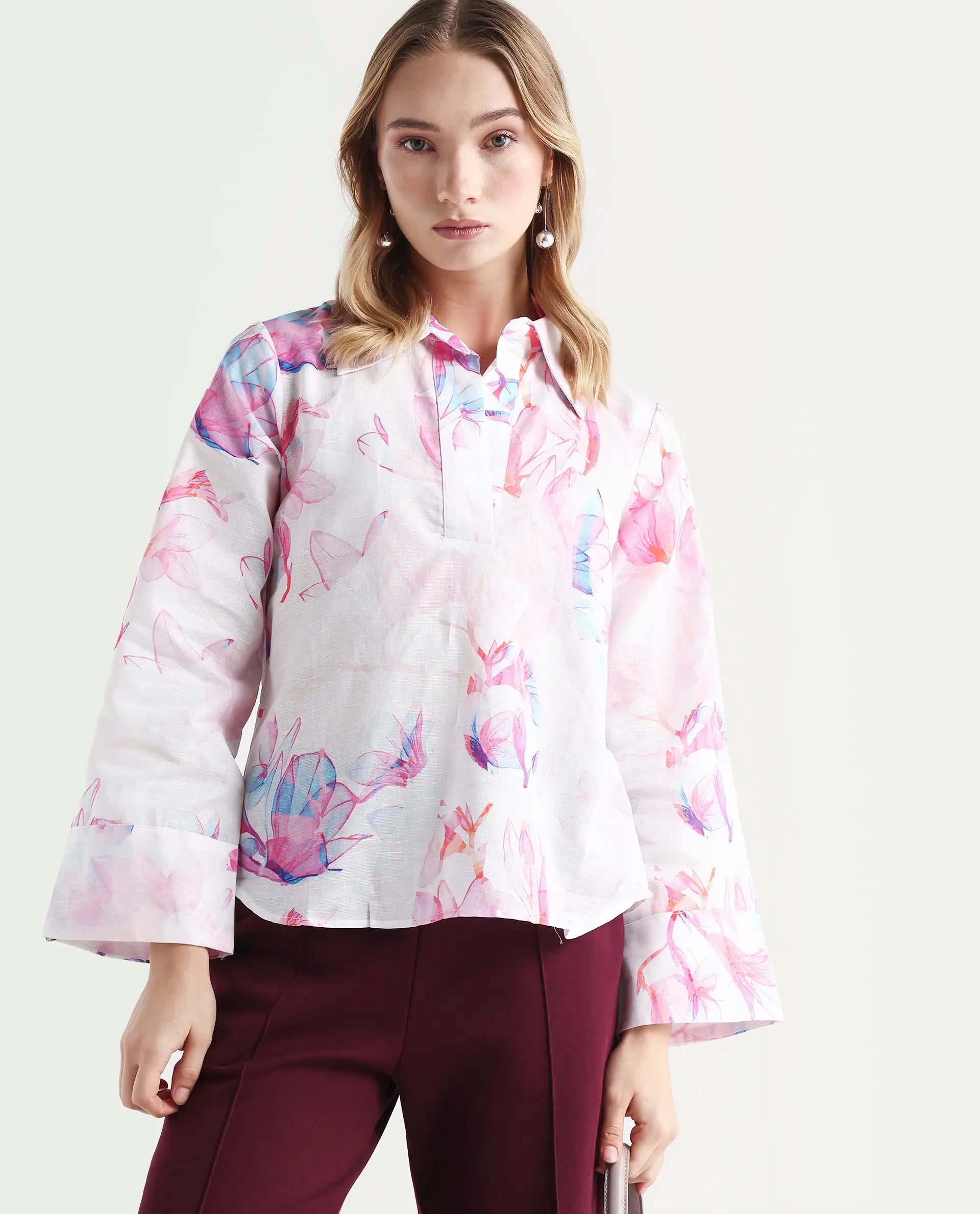 Rareism Women's Rofianie Light Multi Cotton Blend Drop Collar Abstract Print Bell Sleeve Regular Fit Top