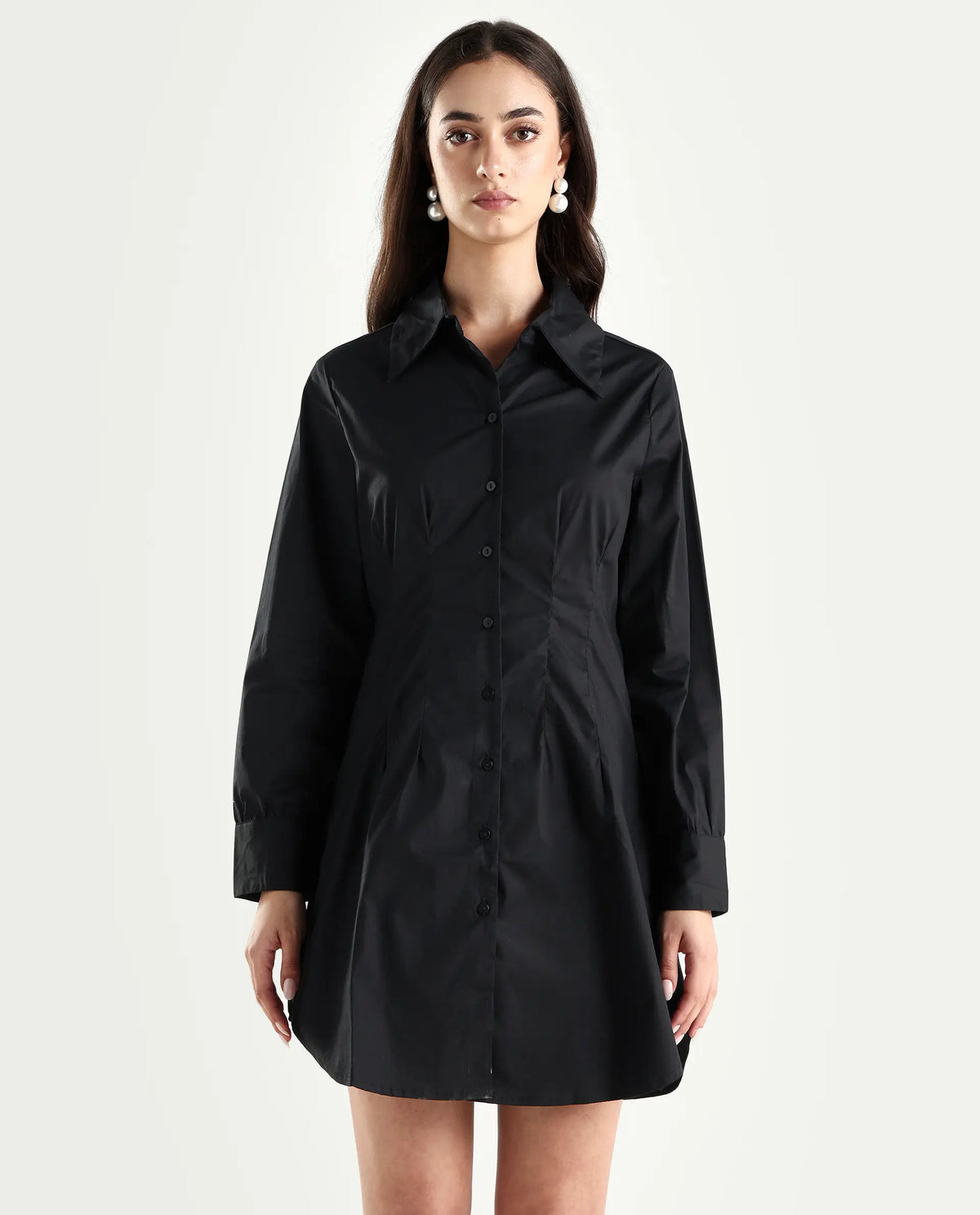 Rareism Women's Sakal Black Cotton Blend Drop Collar Plain Roll-Up Sleeve Mini Regular Fit Dress