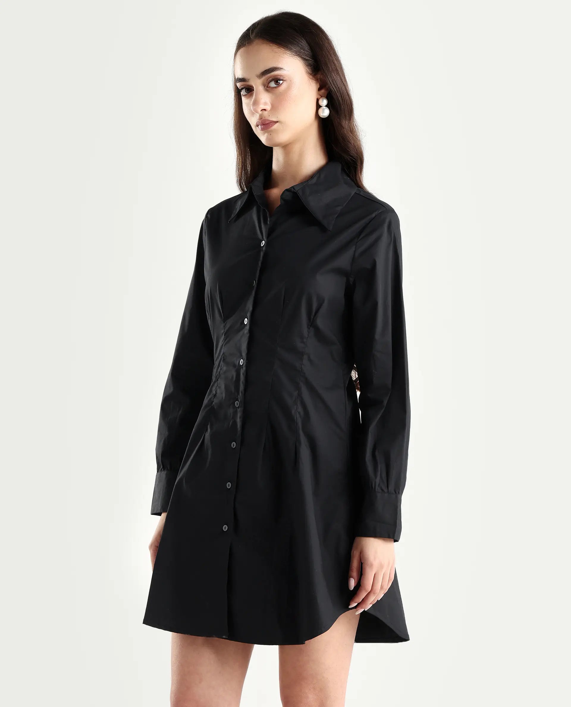 Rareism Women's Sakal Black Cotton Blend Drop Collar Plain Roll-Up Sleeve Mini Regular Fit Dress