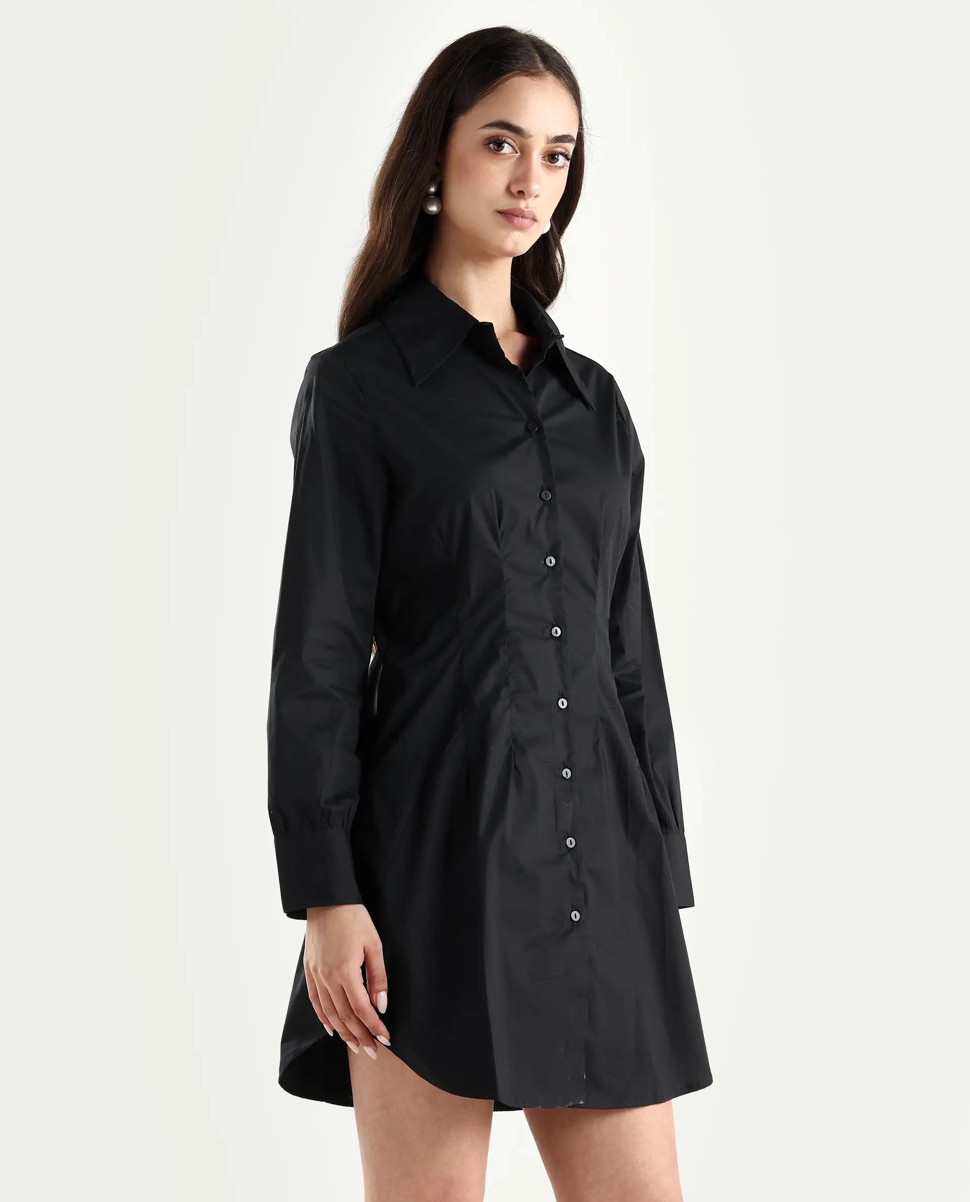 Rareism Women's Sakal Black Cotton Blend Drop Collar Plain Roll-Up Sleeve Mini Regular Fit Dress