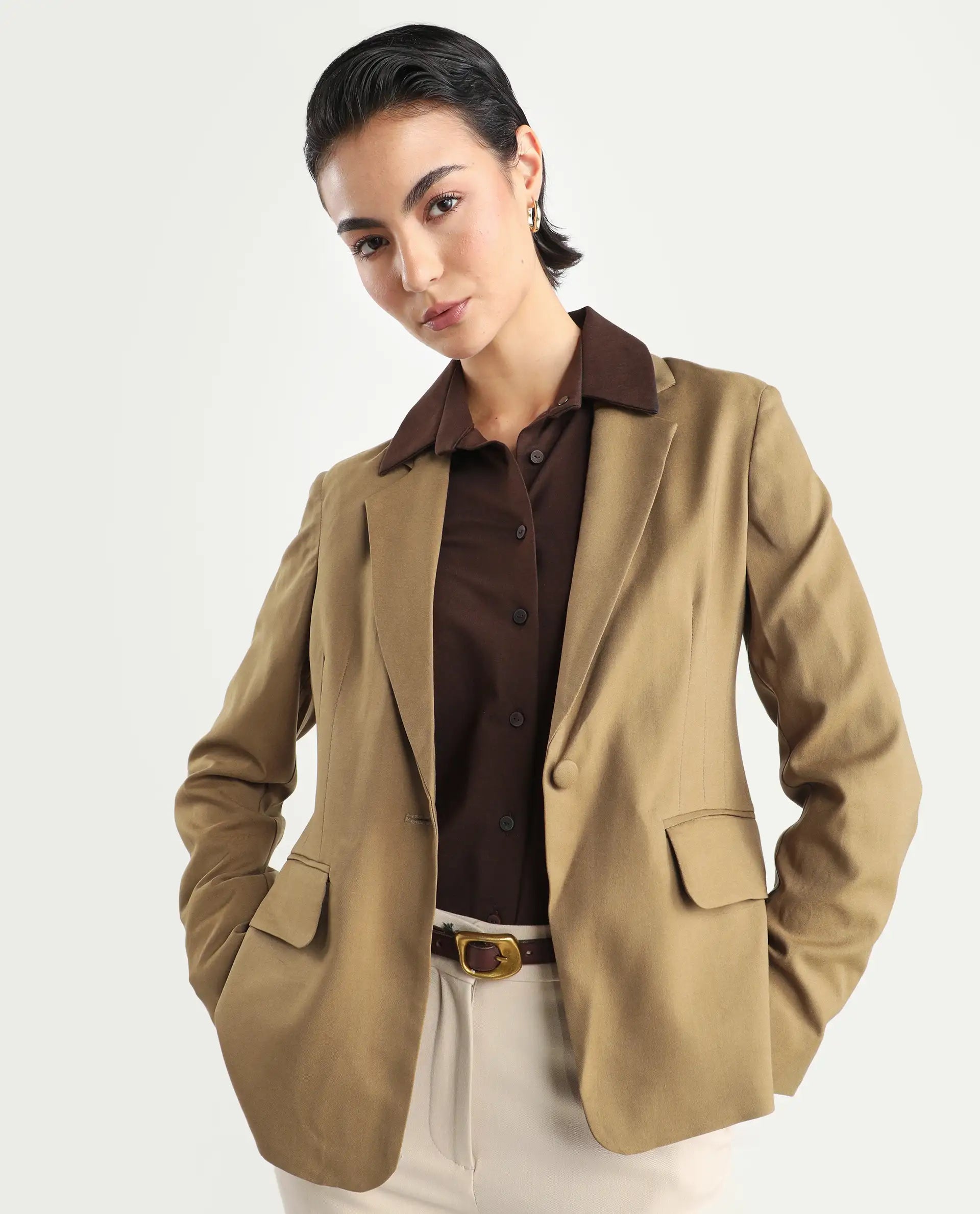 Rareism Women's Sarvi Dark Khaki Polyester Lapel Neck Plain Regular Fit Blazer
