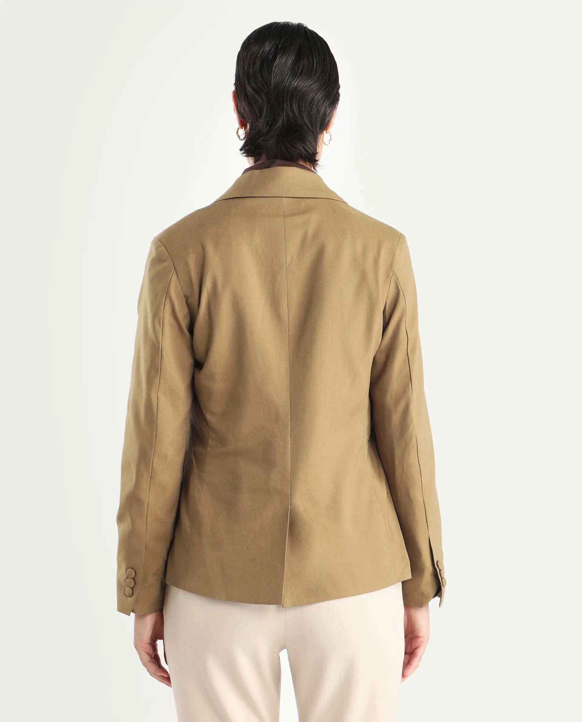 Rareism Women's Sarvi Dark Khaki Polyester Lapel Neck Plain Regular Fit Blazer