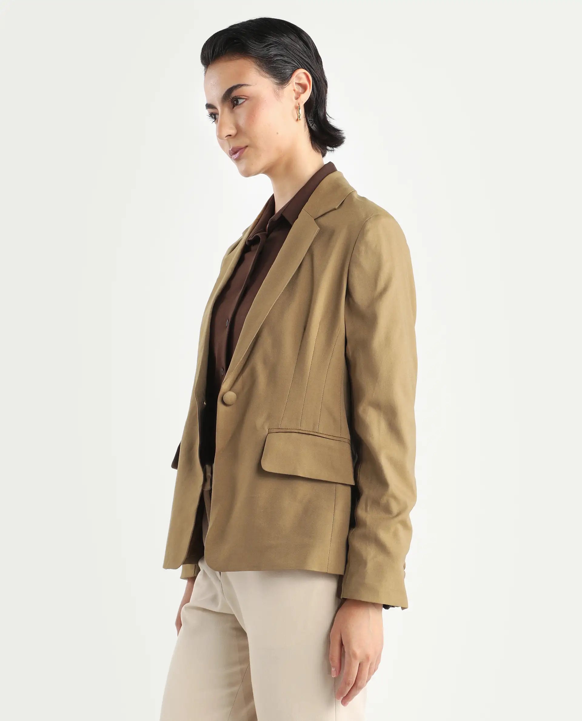 Rareism Women's Sarvi Dark Khaki Polyester Lapel Neck Plain Regular Fit Blazer
