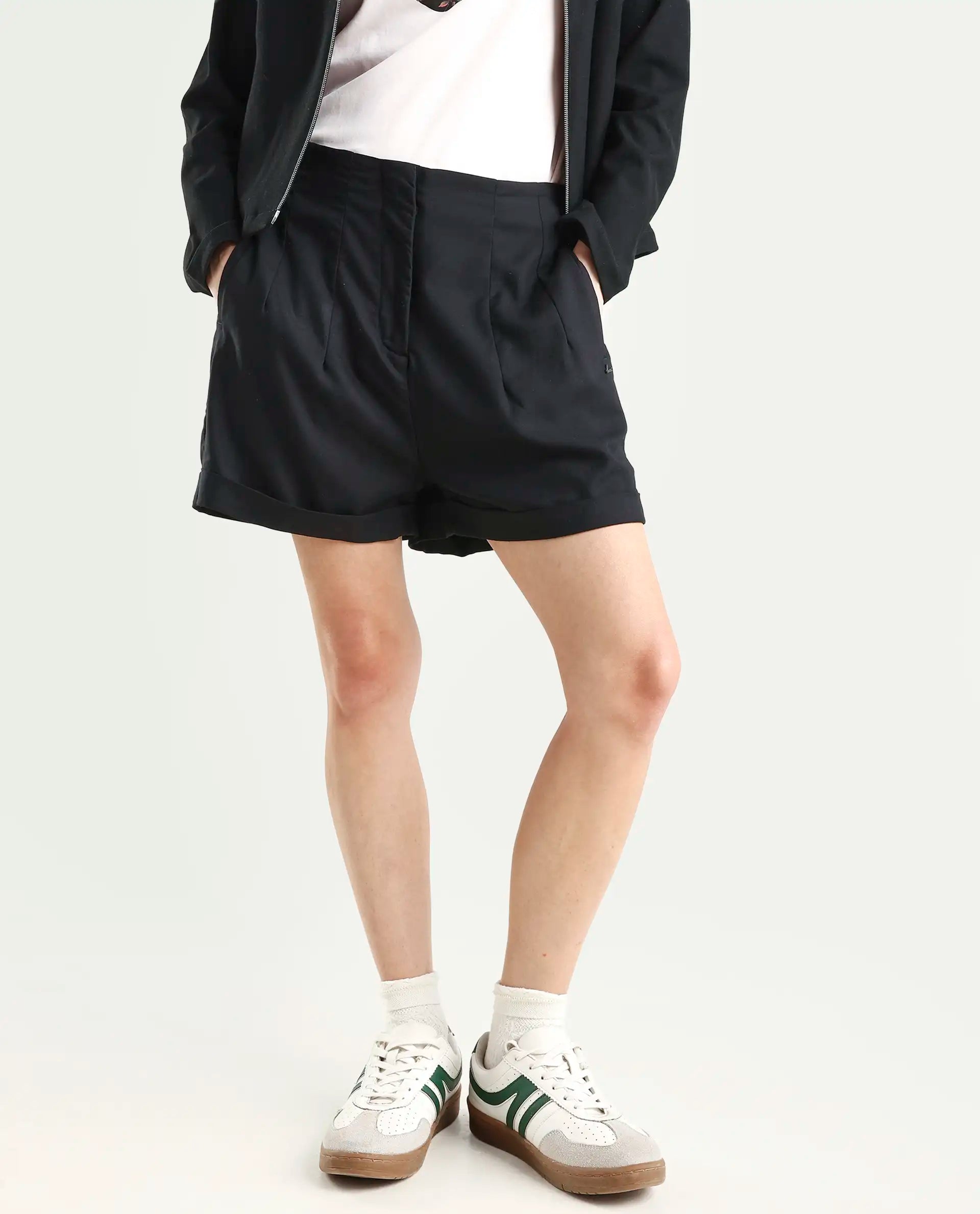 Rareism Women's Maslin Black Polyester Plain Mini Regular Fit Shorts