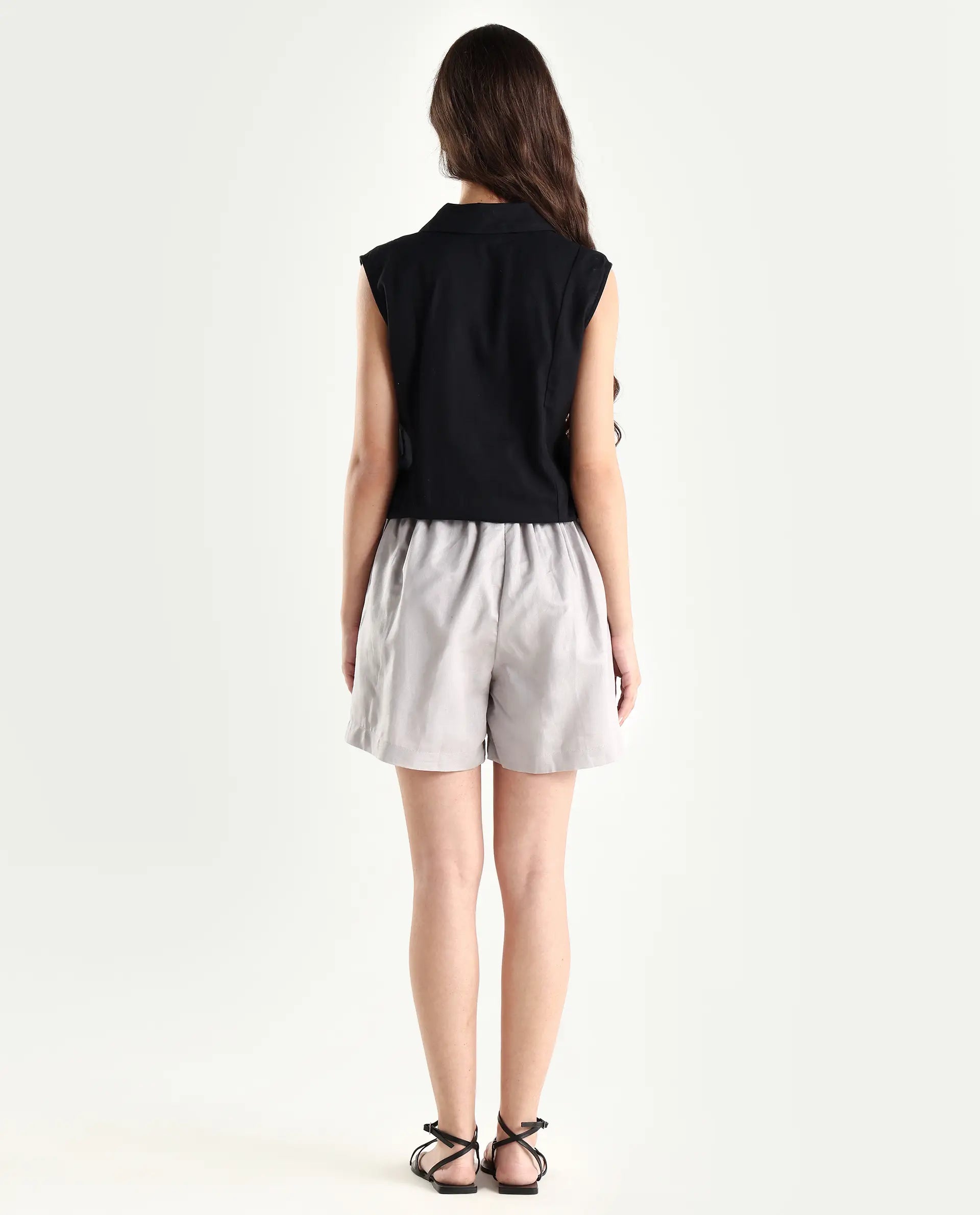 Rareism Women's Hola Grey Cotton Blend Plain Mini Regular Fit Shorts