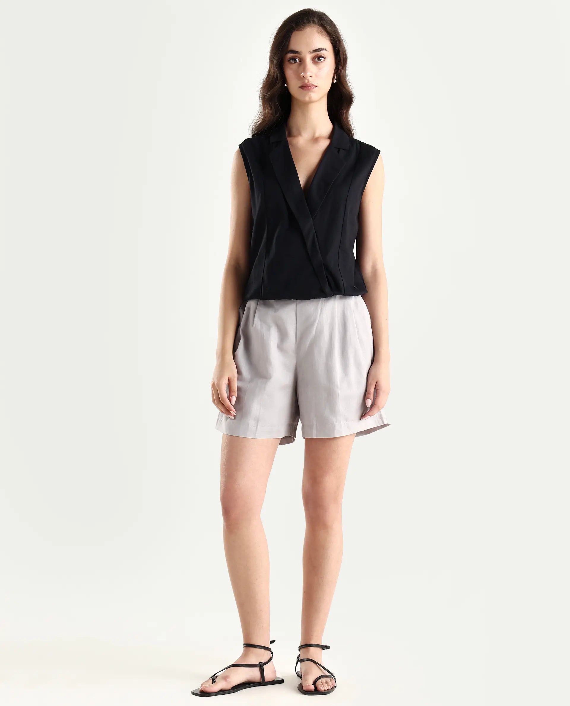 Rareism Women's Hola Grey Cotton Blend Plain Mini Regular Fit Shorts