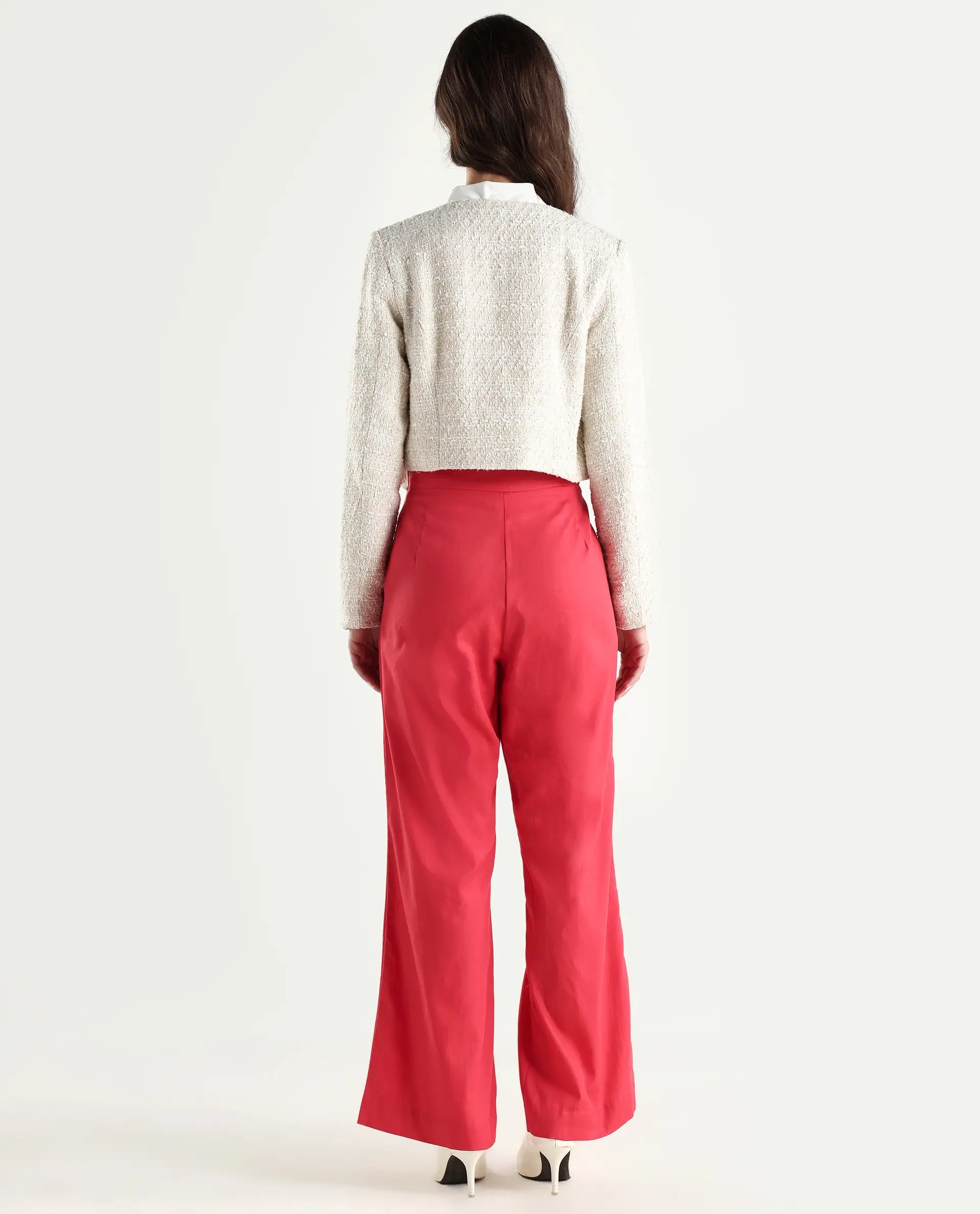 Rareism Women's Varese Light Orange Cotton Blend Plain Ankle Length Wide Leg Trouser