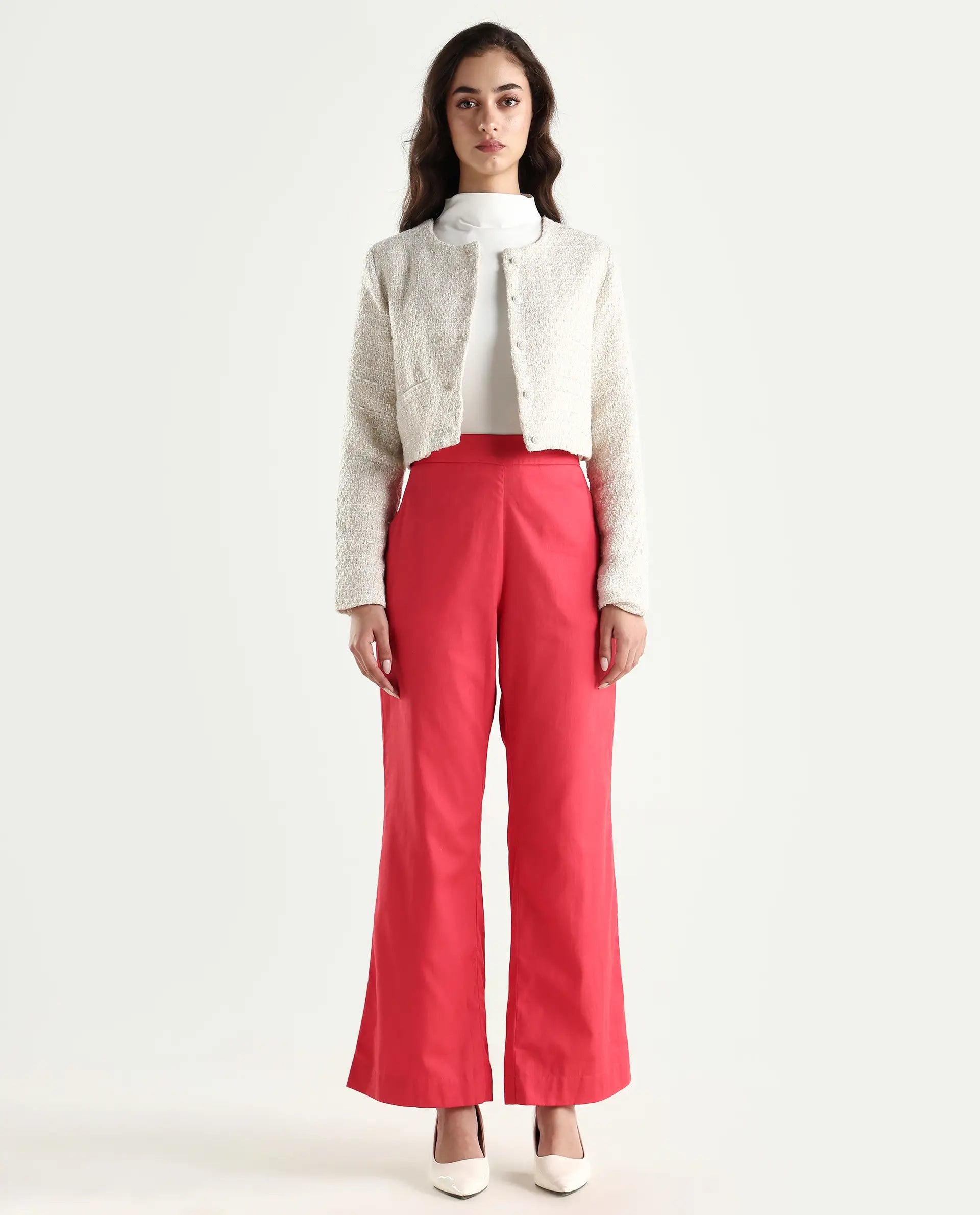 Rareism Women's Varese Light Orange Cotton Blend Plain Ankle Length Wide Leg Trouser