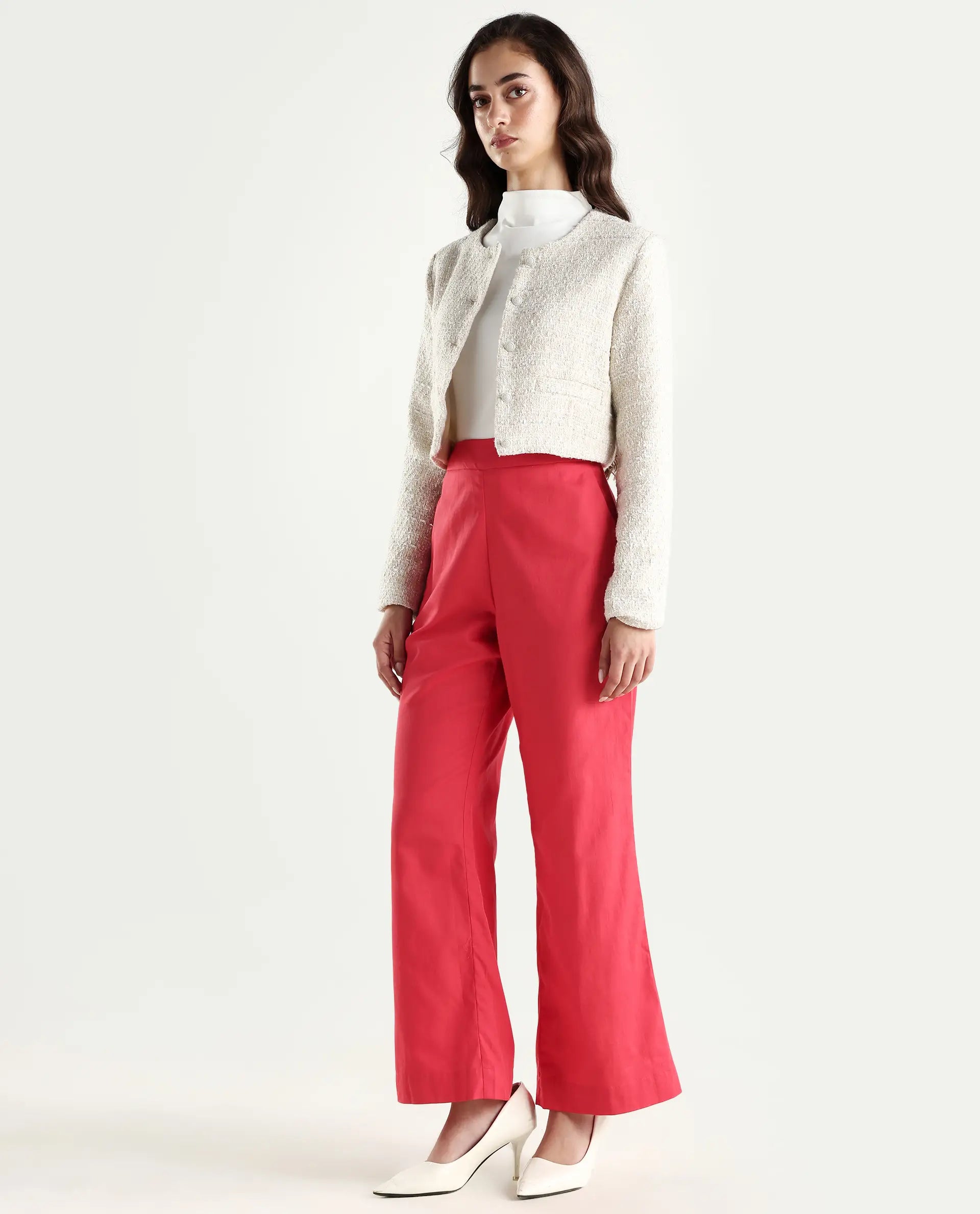 Rareism Women's Varese Light Orange Cotton Blend Plain Ankle Length Wide Leg Trouser