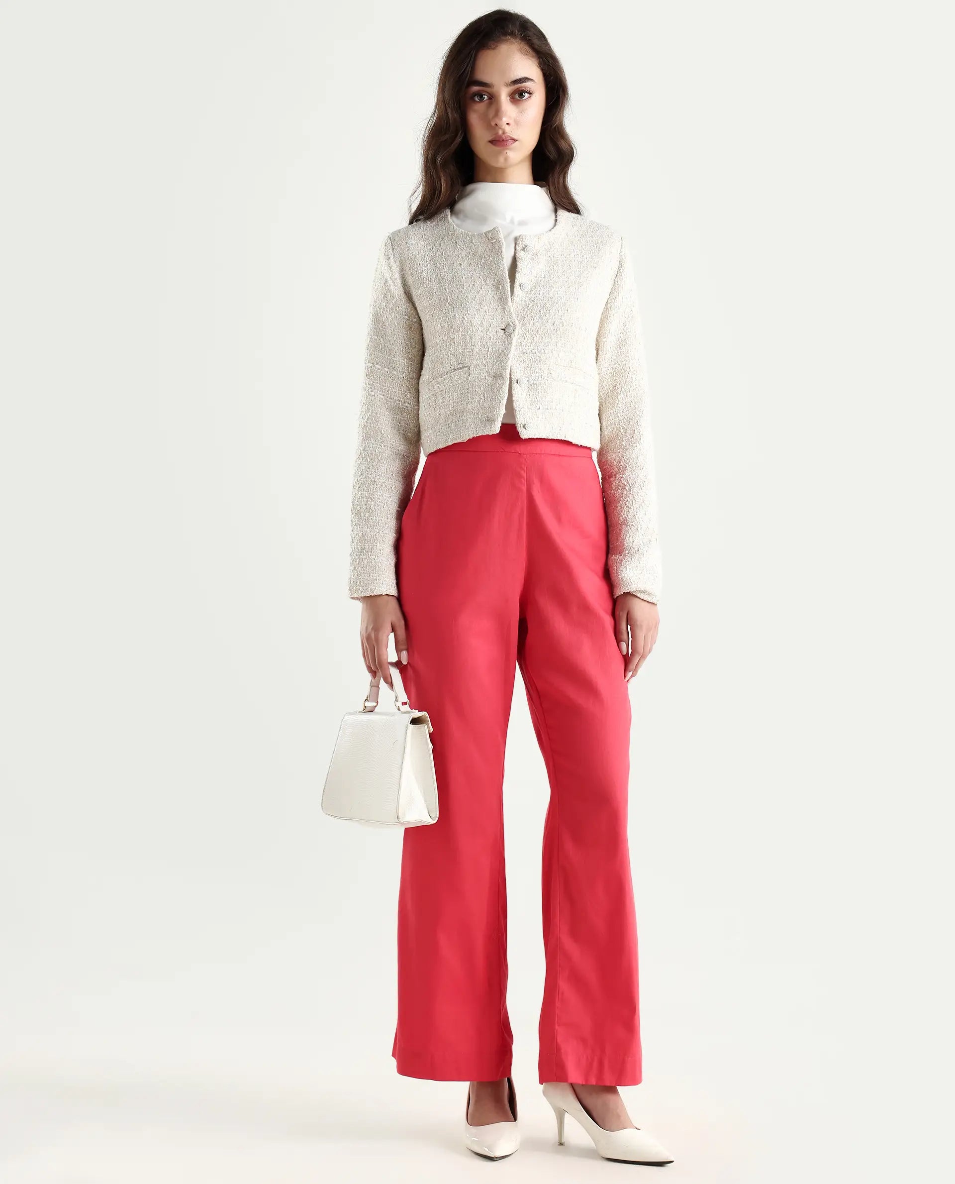 Rareism Women's Varese Light Orange Cotton Blend Plain Ankle Length Wide Leg Trouser