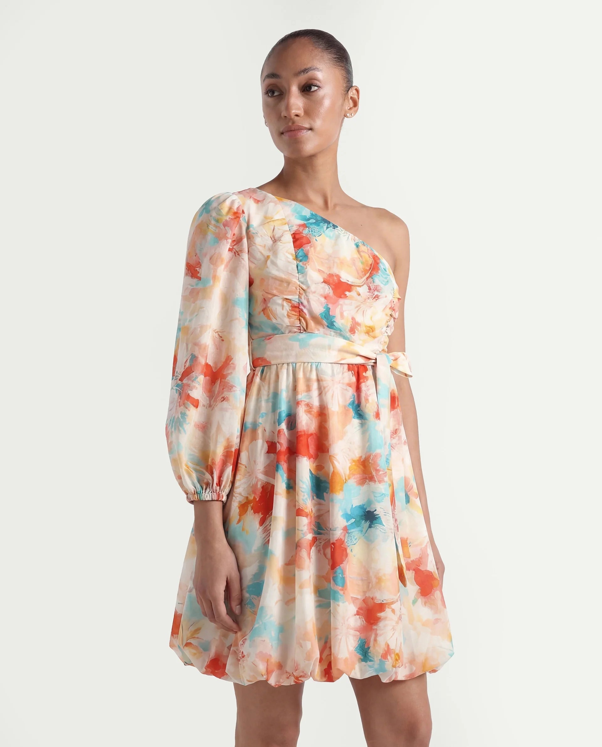 Rareism Women's Carmen Light Multi Nylon Blend One Shoulder Floral Print Bishop Sleeve Mini Fit And Flare Dress