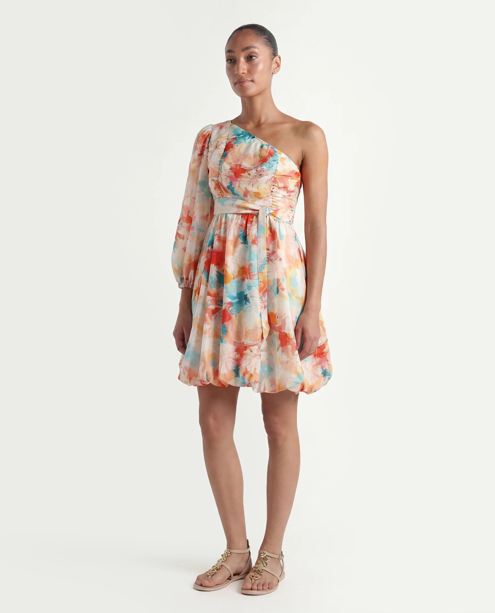 Rareism Women's Carmen Light Multi Nylon Blend One Shoulder Floral Print Bishop Sleeve Mini Fit And Flare Dress