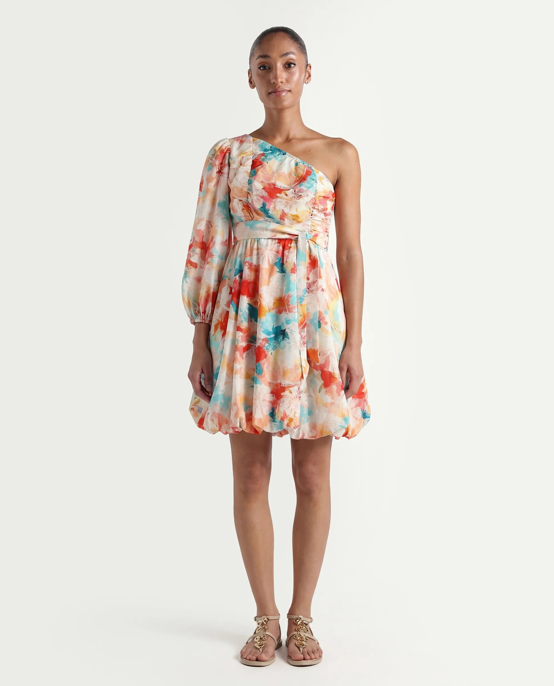 Rareism Women's Carmen Light Multi Nylon Blend One Shoulder Floral Print Bishop Sleeve Mini Fit And Flare Dress