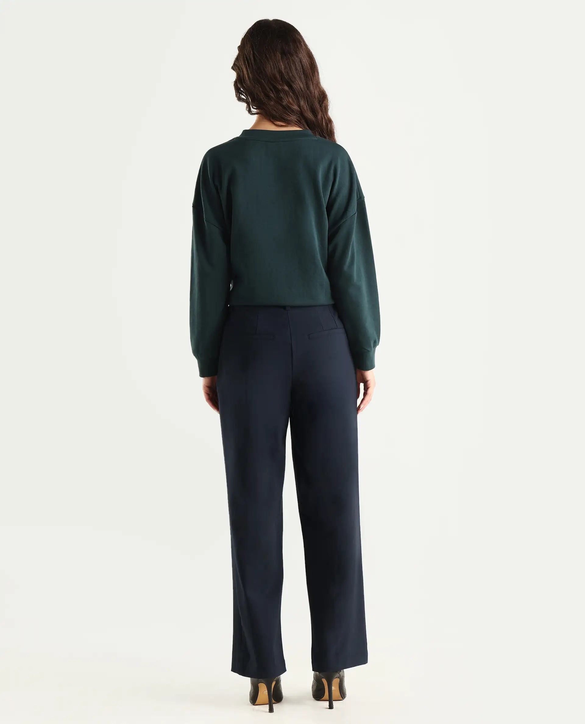 Rareism Women's Tatsa Navy Polyester Blend Plain Ankle Length Straight Fit Trouser