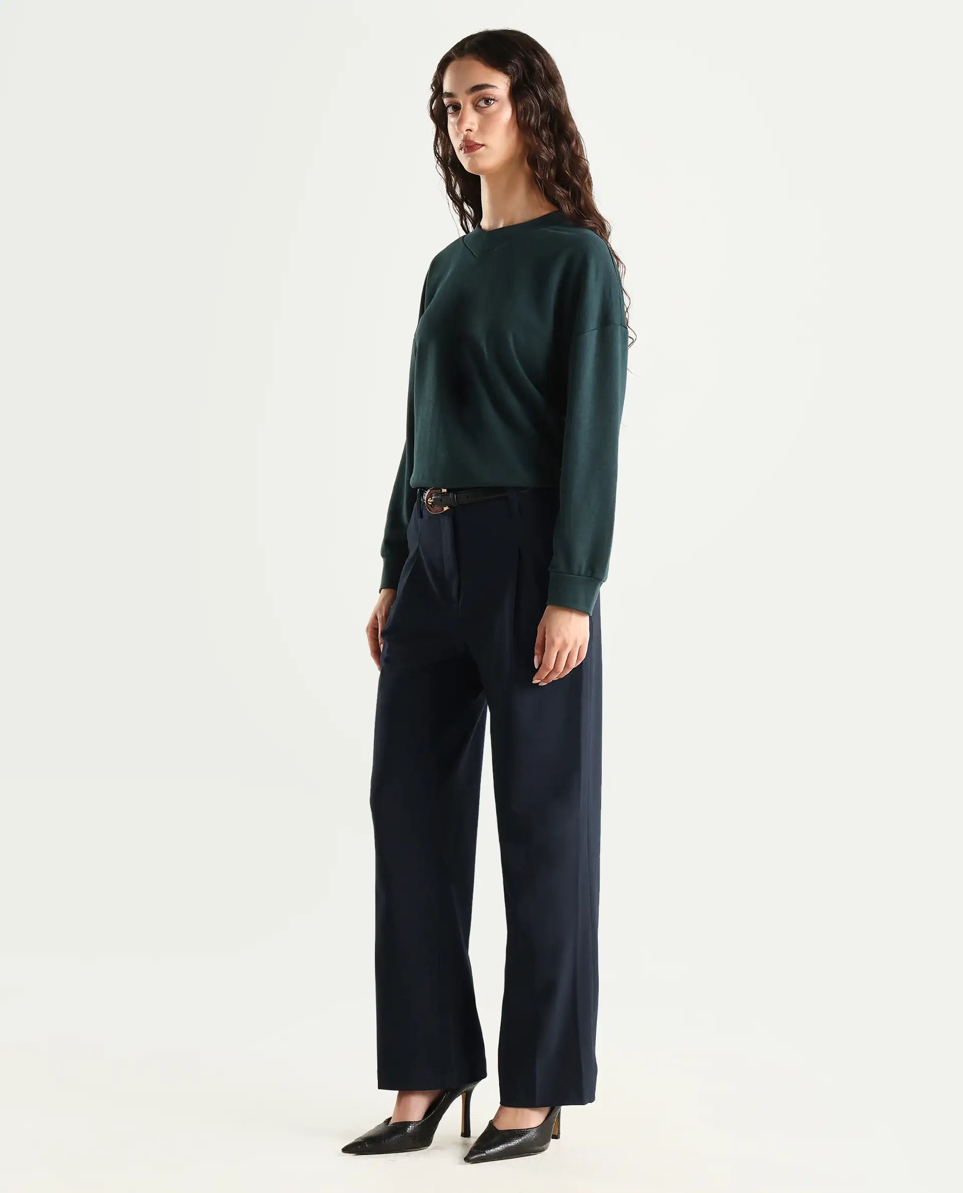 Rareism Women's Tatsa Navy Polyester Blend Plain Ankle Length Straight Fit Trouser