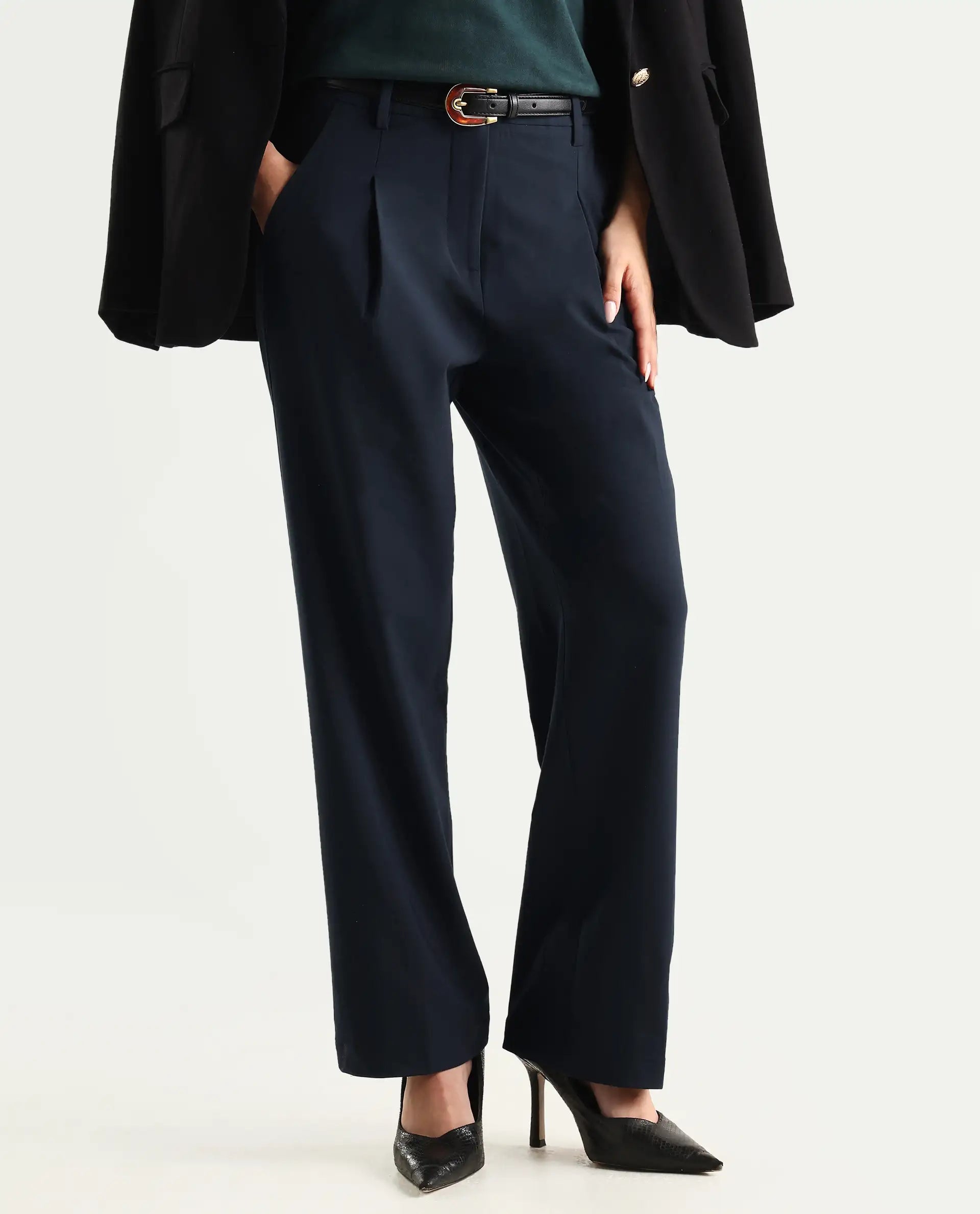 Rareism Women's Tatsa Navy Polyester Blend Plain Ankle Length Straight Fit Trouser
