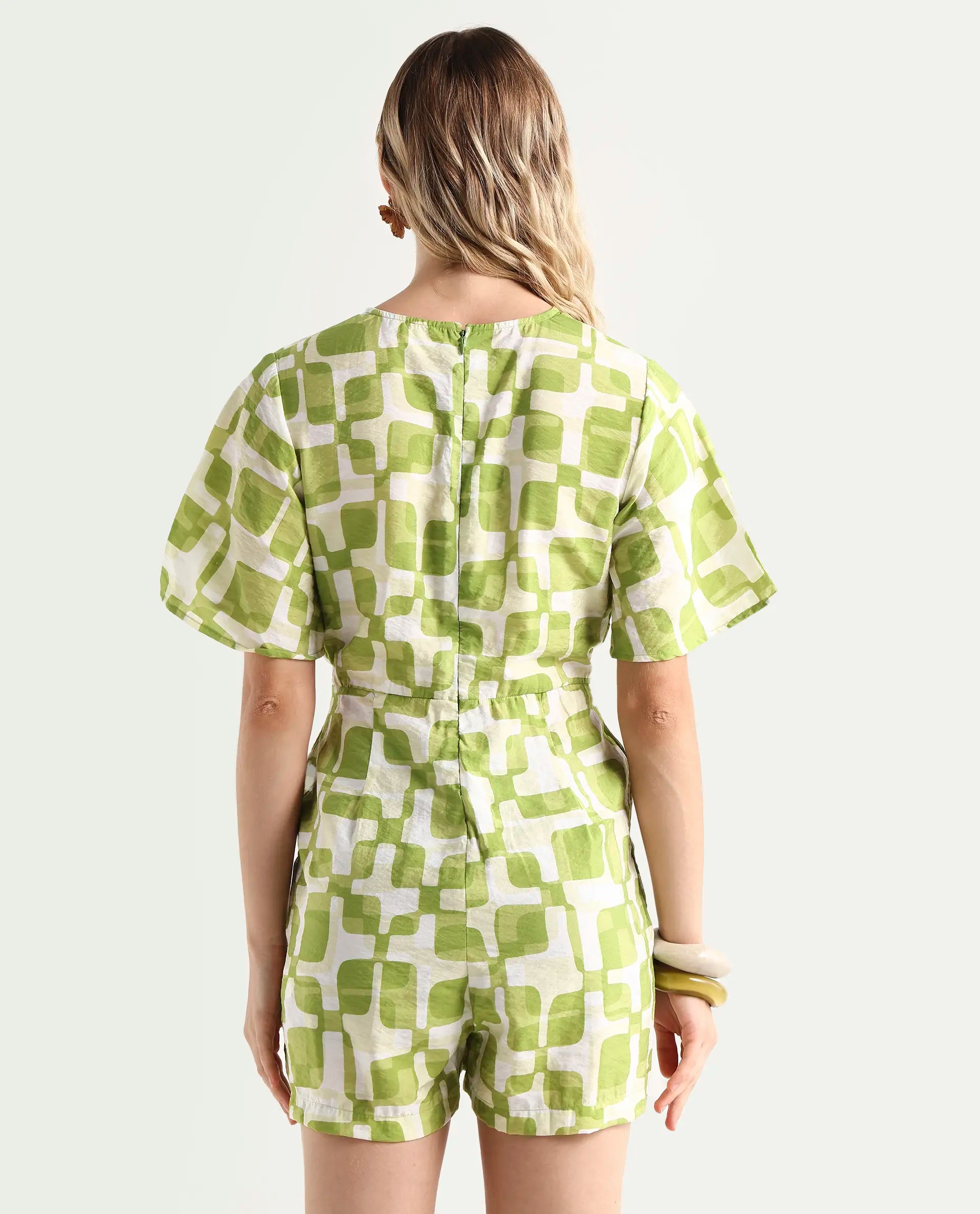 Rareism Women's Padua Light Green Nylon Blend V-Neck Geometric Print Bishop Sleeve Mini Regular Fit Playsuit